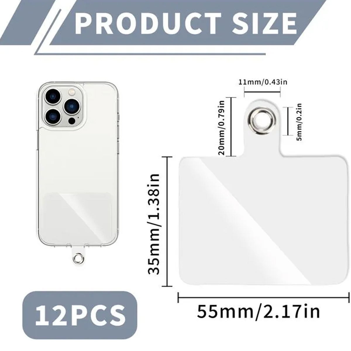 Größentabelle für ein transparentes Handy-Zubehörteil mit Maßen.