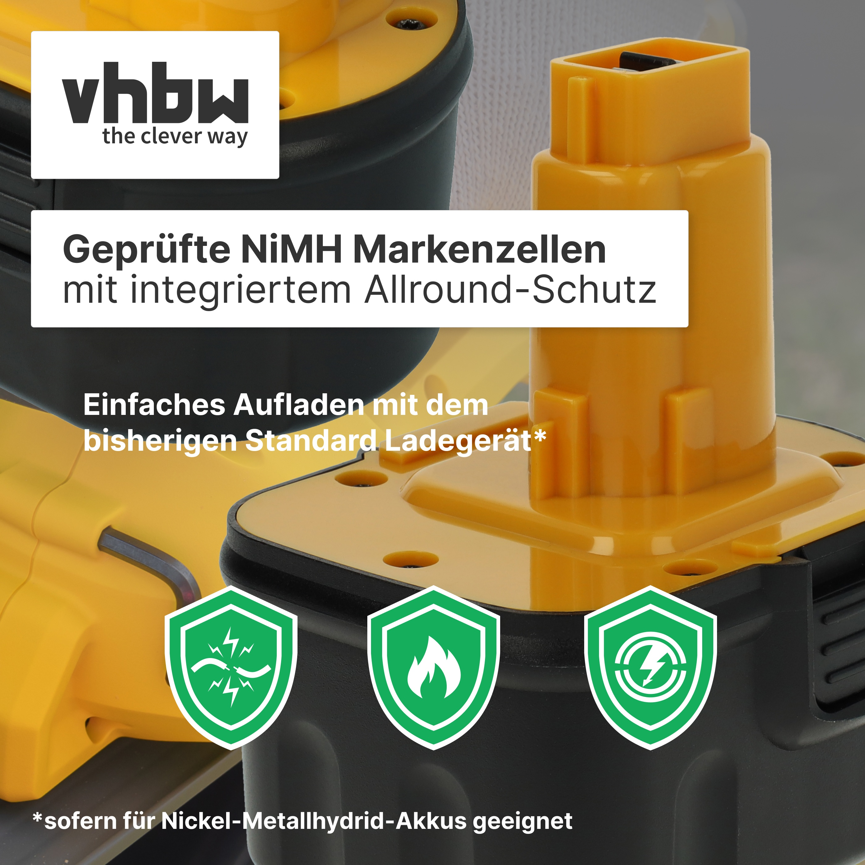 Gelbe und schwarze Akkus mit drei grünen Schutzsymbolen und Text.