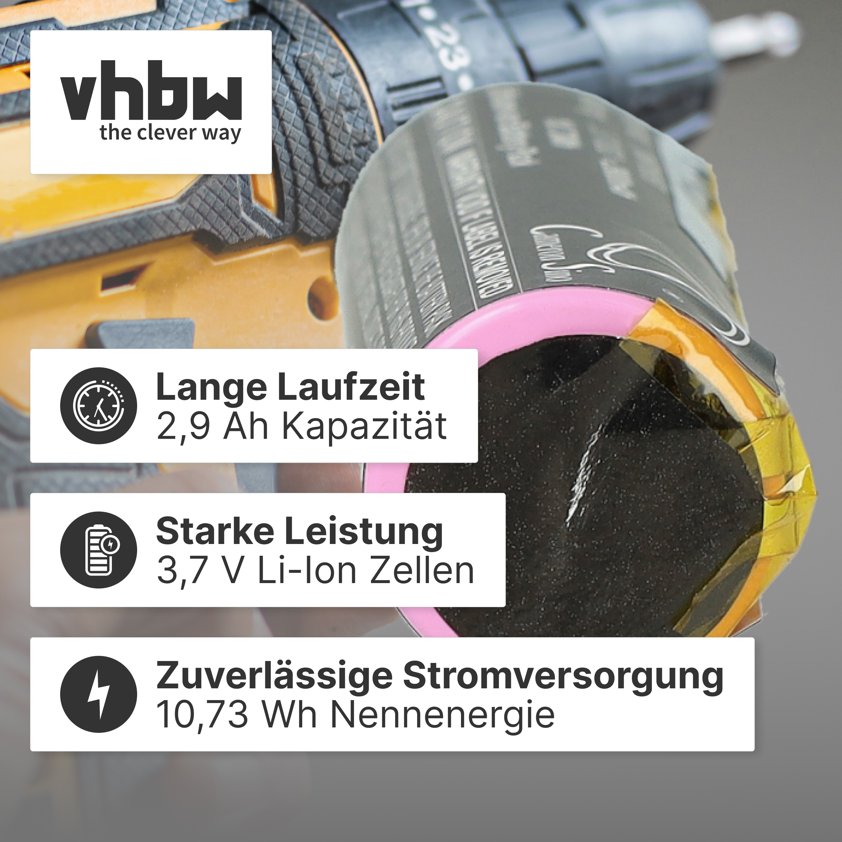Werkzeugakku mit Vhbw Logo. Beschriftungen: Lange Laufzeit, Starke Leistung, Zuverlässige Stromversorgung.