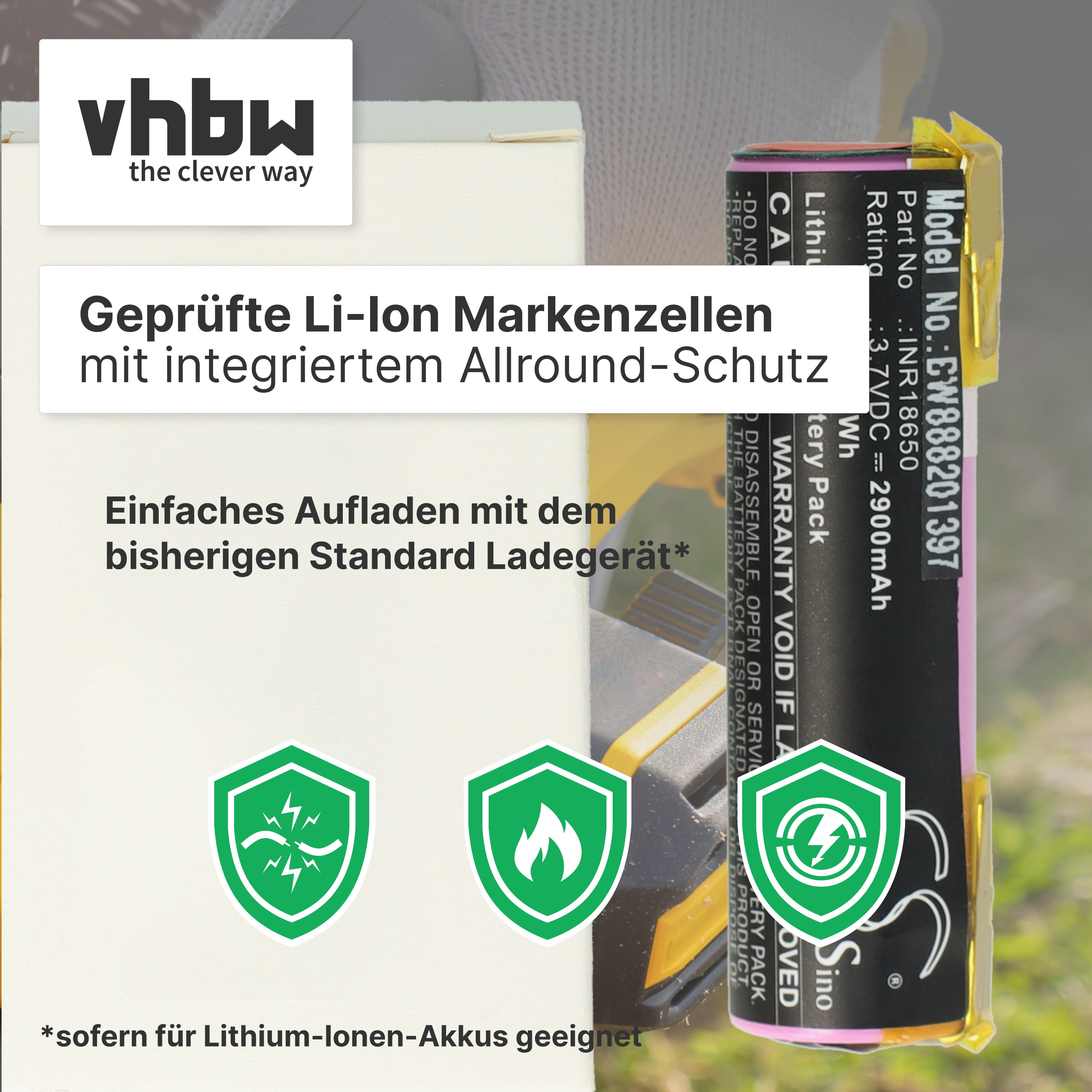 vhbw Logo und Li-Ion Akku mit Schutz-Symbolen. Einfaches Aufladen.