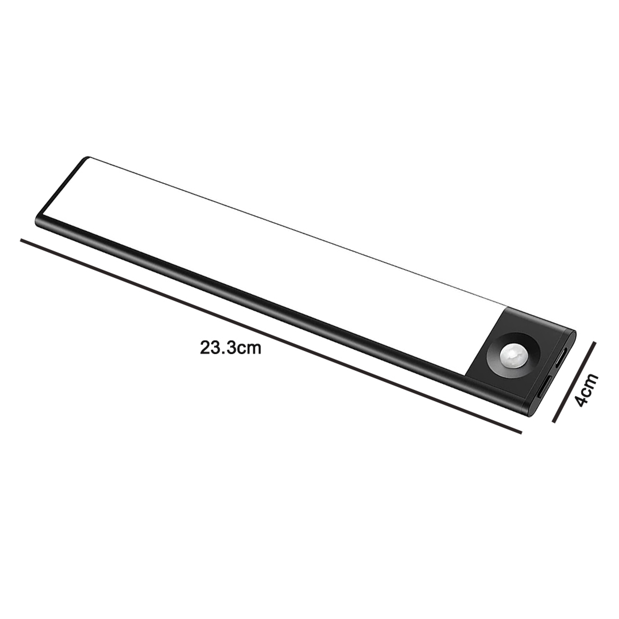 Schwarzer LED-Streifen mit Bewegungssensor und USB-Anschluss. Maße 23,3 cm x 4 cm.