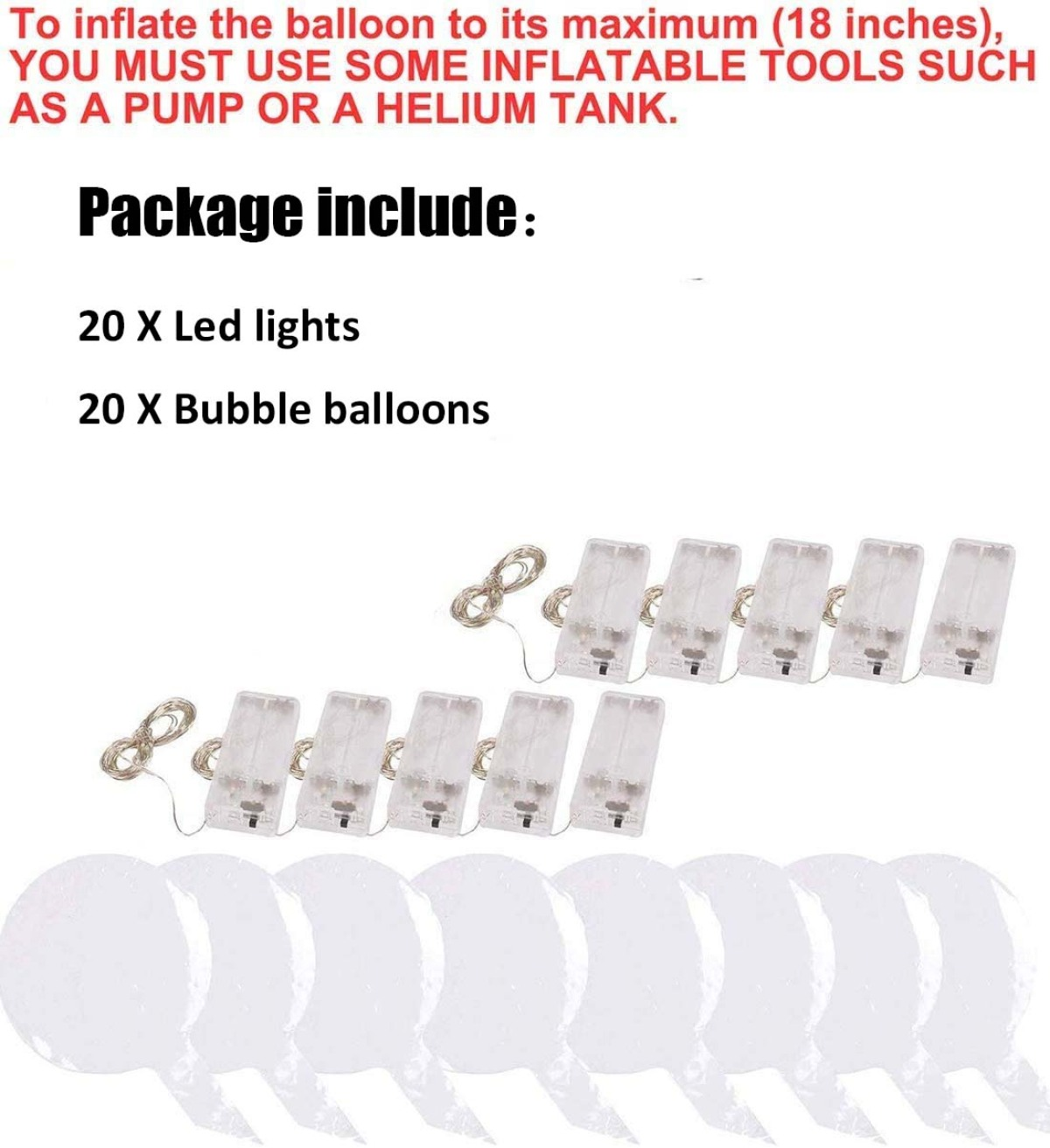 20 LED-Lichter und 20 durchsichtige Ballons mit Batteriefächern.