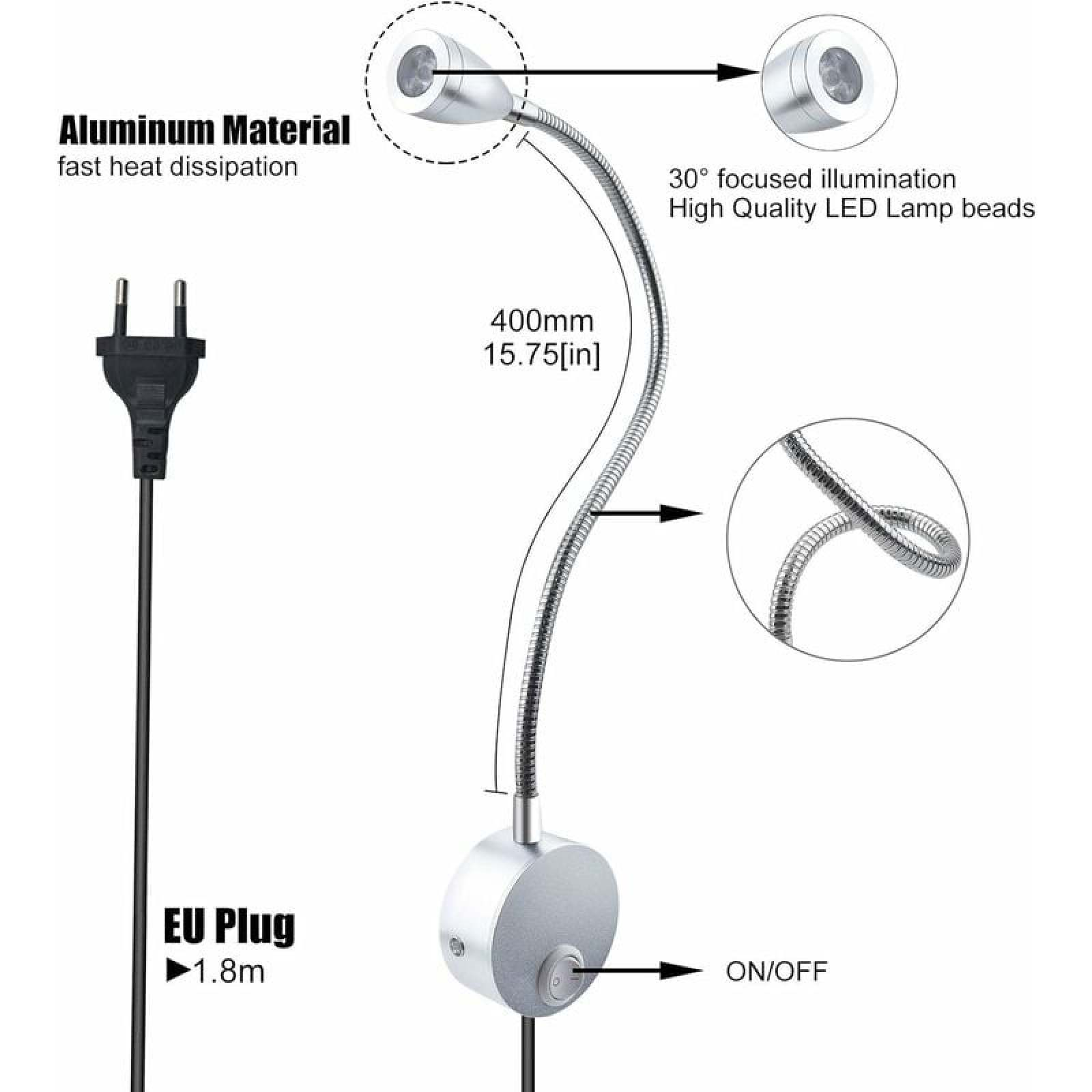 Silberne Schreibtischlampe mit flexiblem Arm, EU-Stecker und Ein-/Ausschalter.