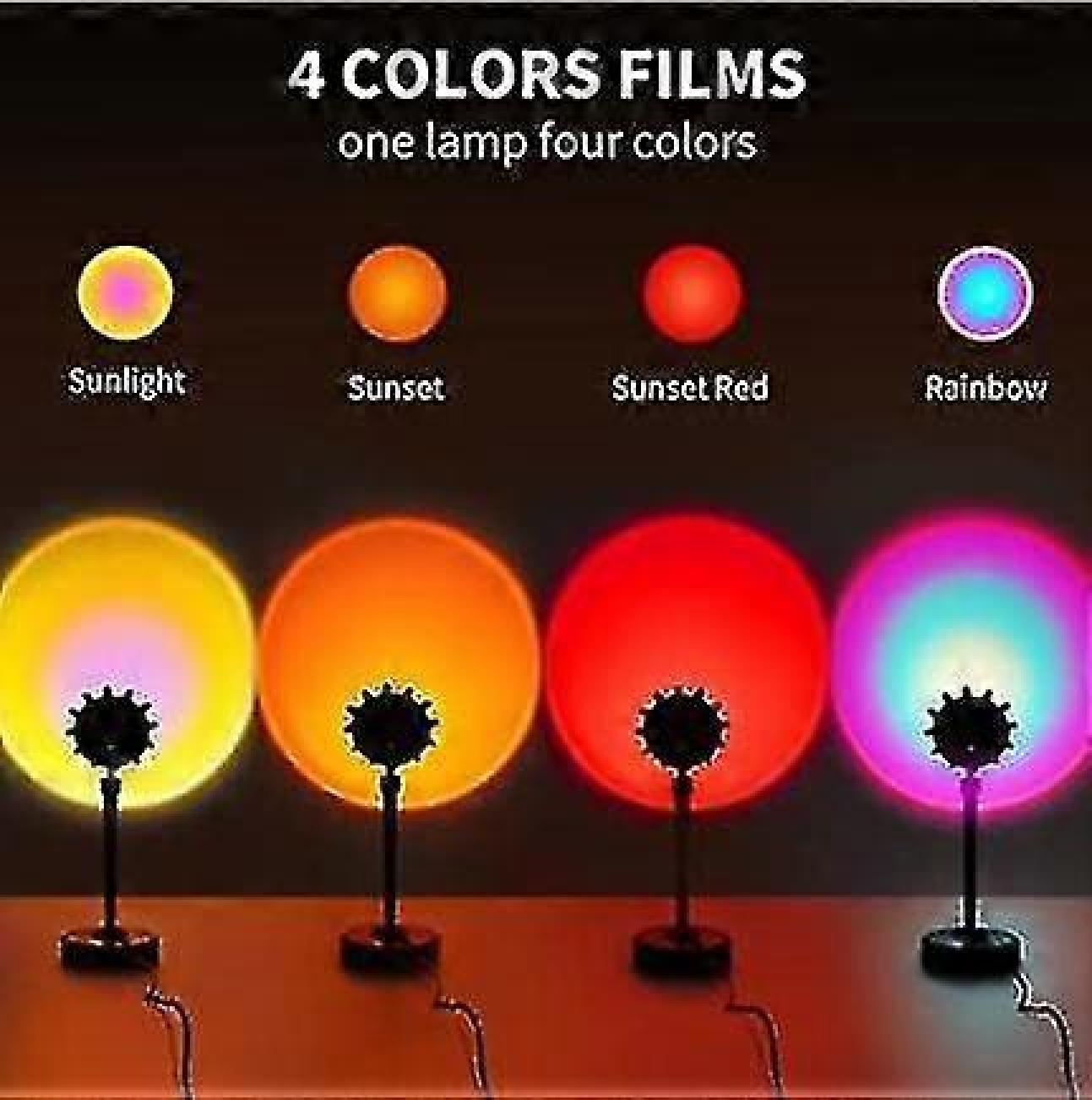 Vier Lampen mit unterschiedlichen Farbfiltern: Sonnenlicht, Sonnenuntergang, Sonnenuntergang Rot, Regenbogen.