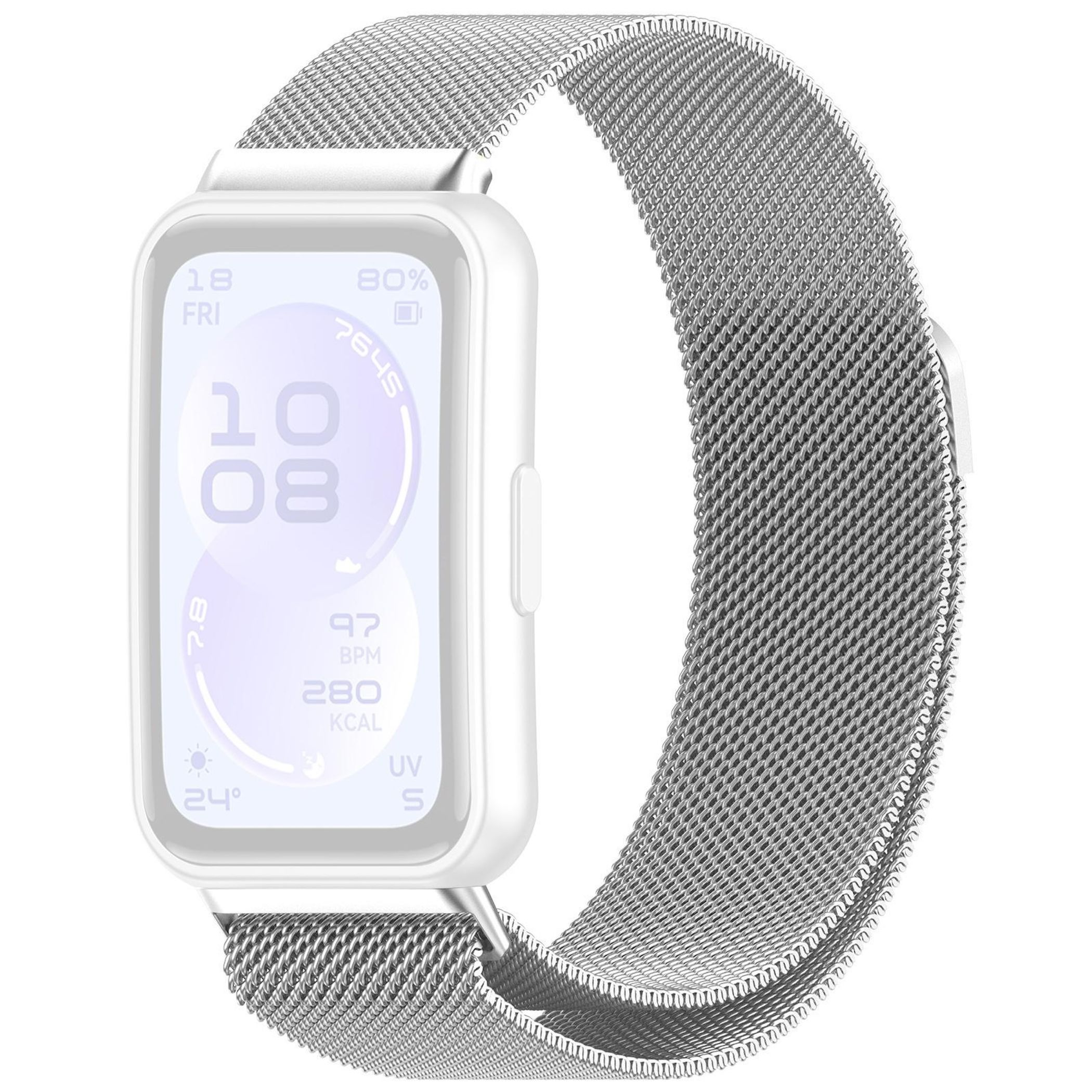 Weißes Smartwatch-Gehäuse mit silbernem Mesh-Armband und Display-Details.