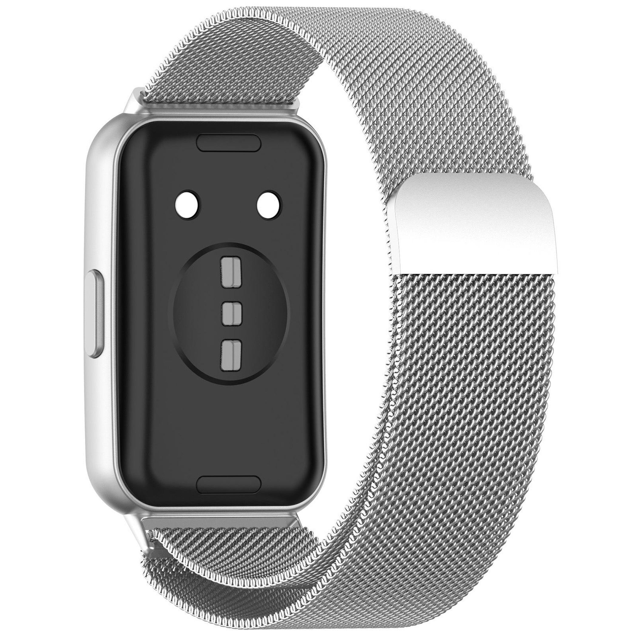 Silbernes Mesh-Armband mit schwarzem Smartwatch-Gehäuse und Sensoren.