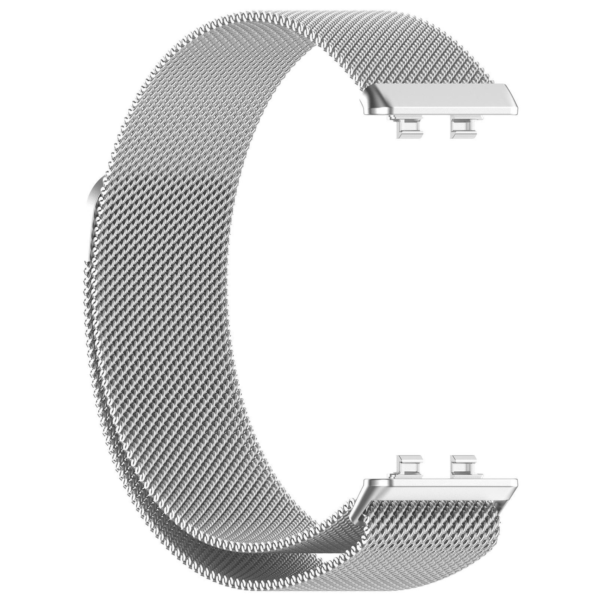 Silbernes, metallisches Uhrenarmband aus Mesh mit zwei schmalen Anschlüssen.
