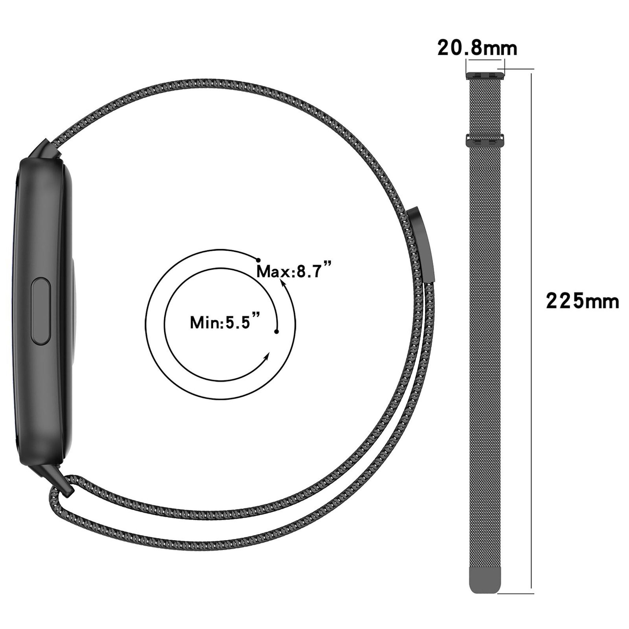 Smartwatch-Armband mit Maßen: Länge 225mm, Breite 20,8mm. Passend für Handgelenke 5,5-8,7 Zoll.