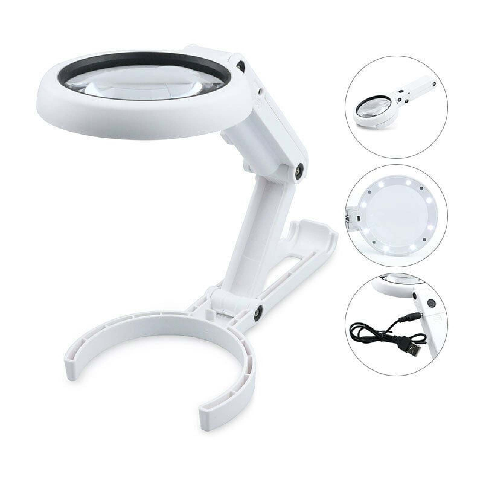 Eine weiße faltbare Lupe mit LED-Leuchten und USB-Kabel.