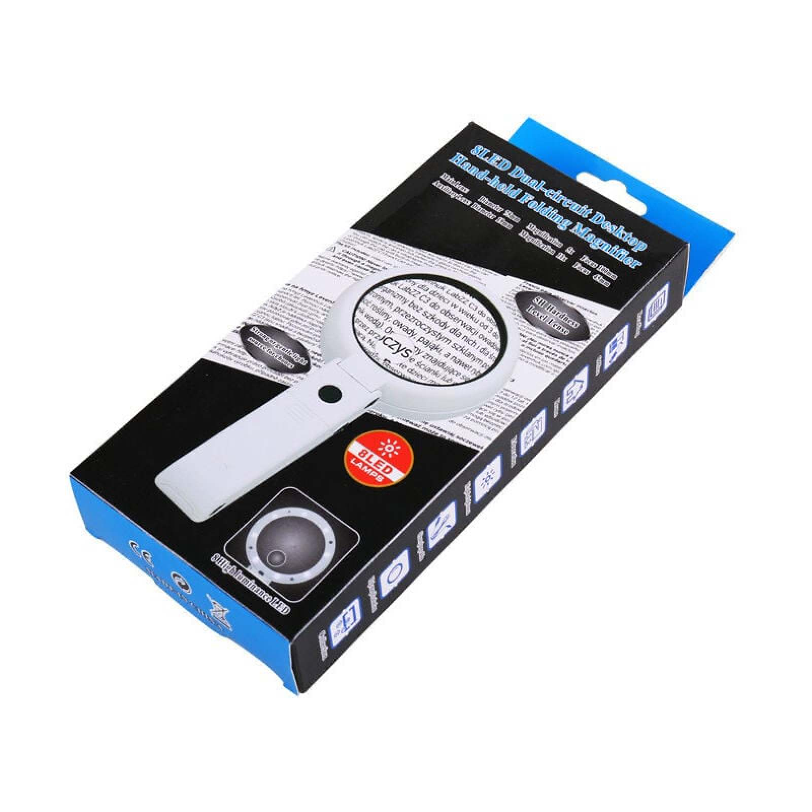 Verpackung mit einer weißen Lupe mit LED-Licht und Text.