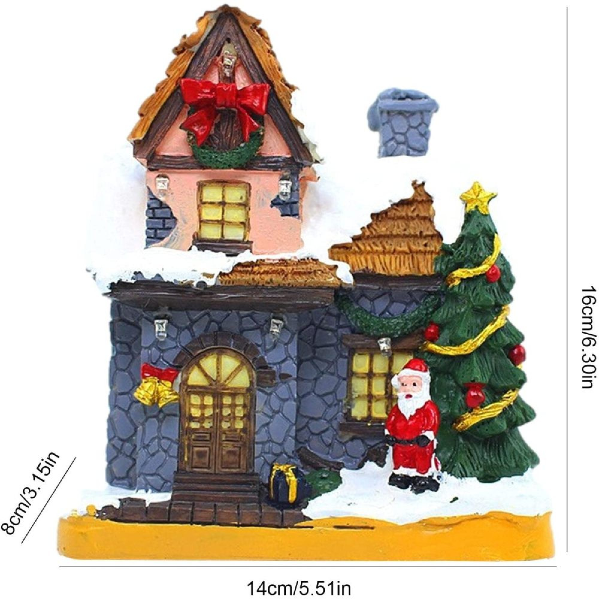 Ein festliches Miniaturhaus mit Weihnachtsmann, Weihnachtsbaum und Schnee.
