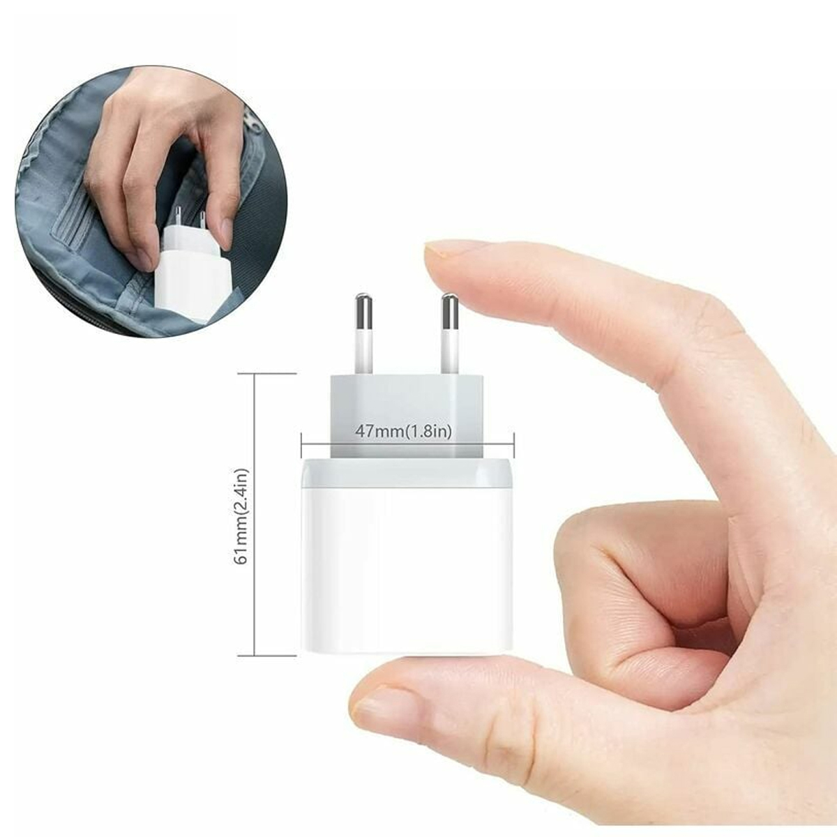 Weiße Ladegerät-Adapter mit Maßen, von einer Hand gehalten. Links eine Tasche.