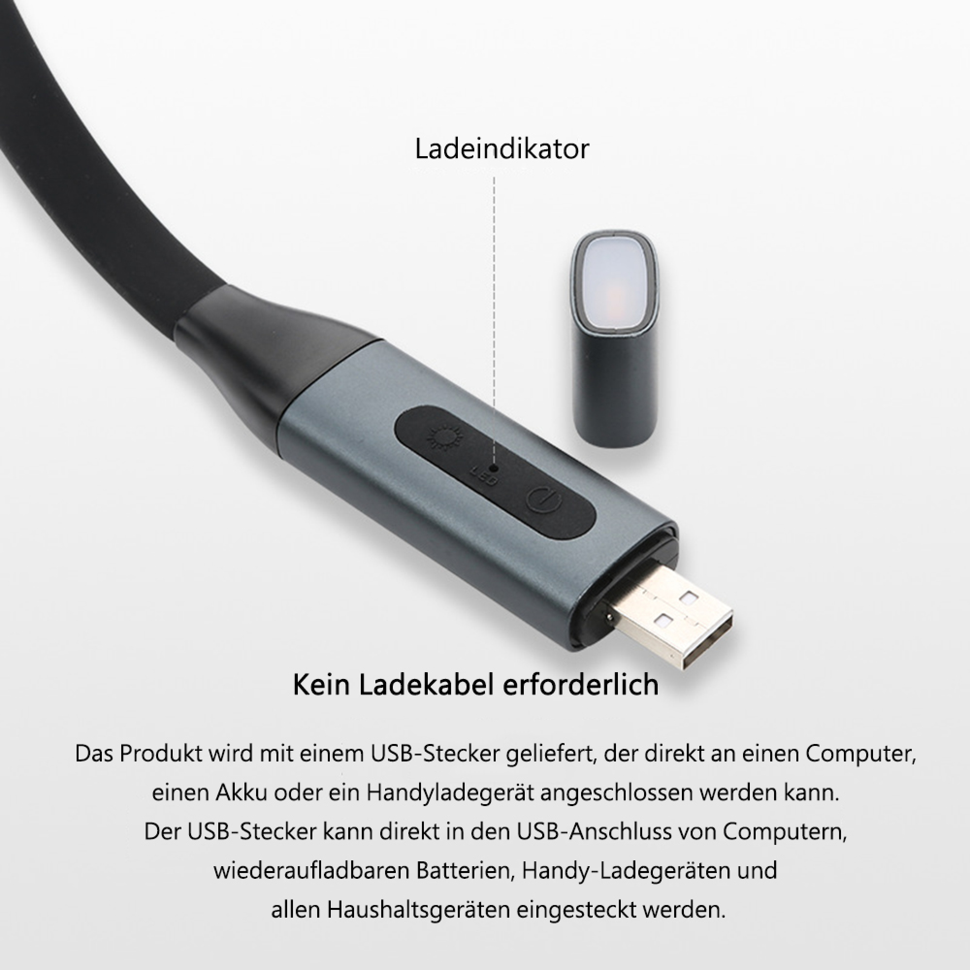 Ein graues USB-Gerät mit schwarzem Schlauch und Ladeanzeige.