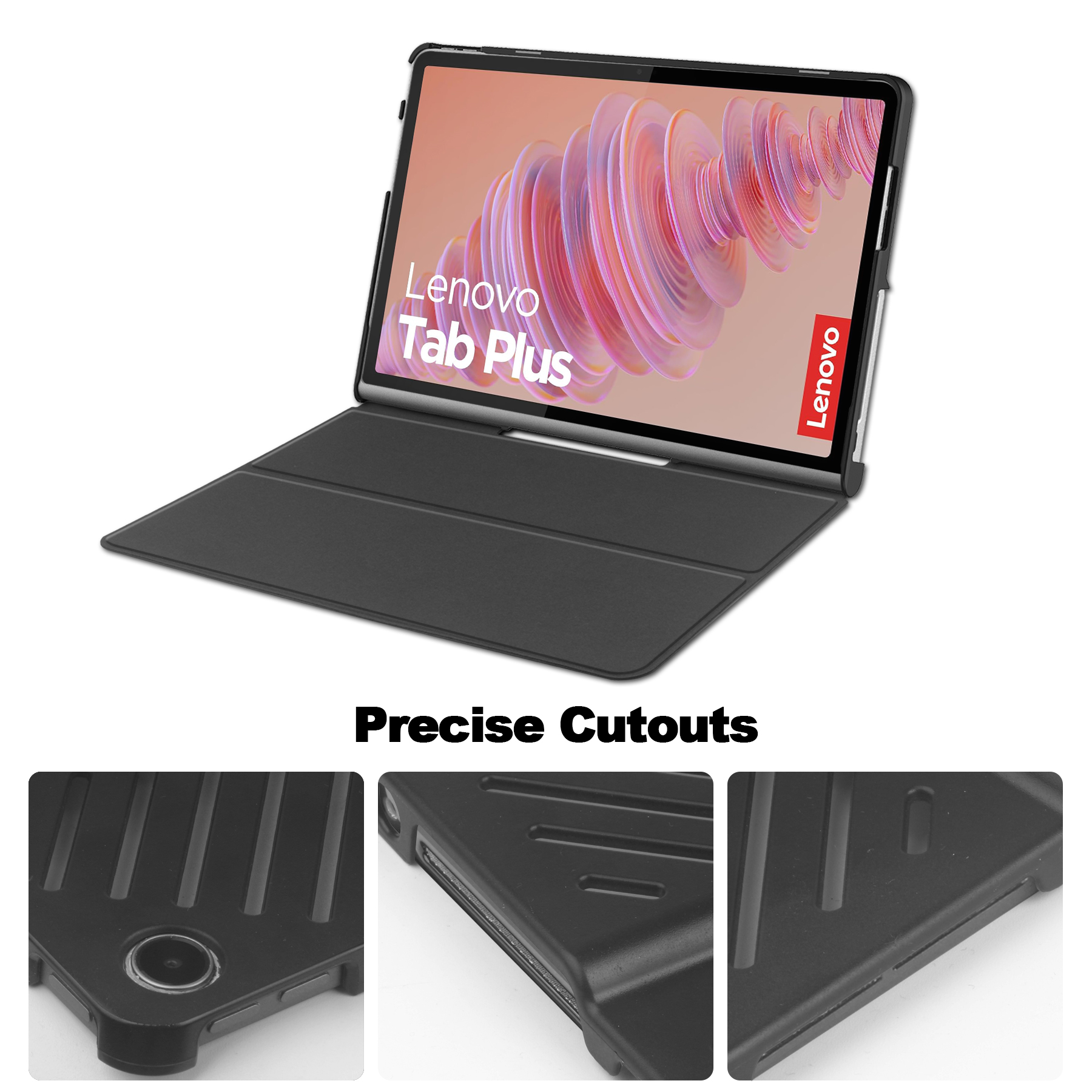 Ein schwarzes Lenovo Tab Plus Tablet mit einer passenden Hülle, Nahaufnahmen.
