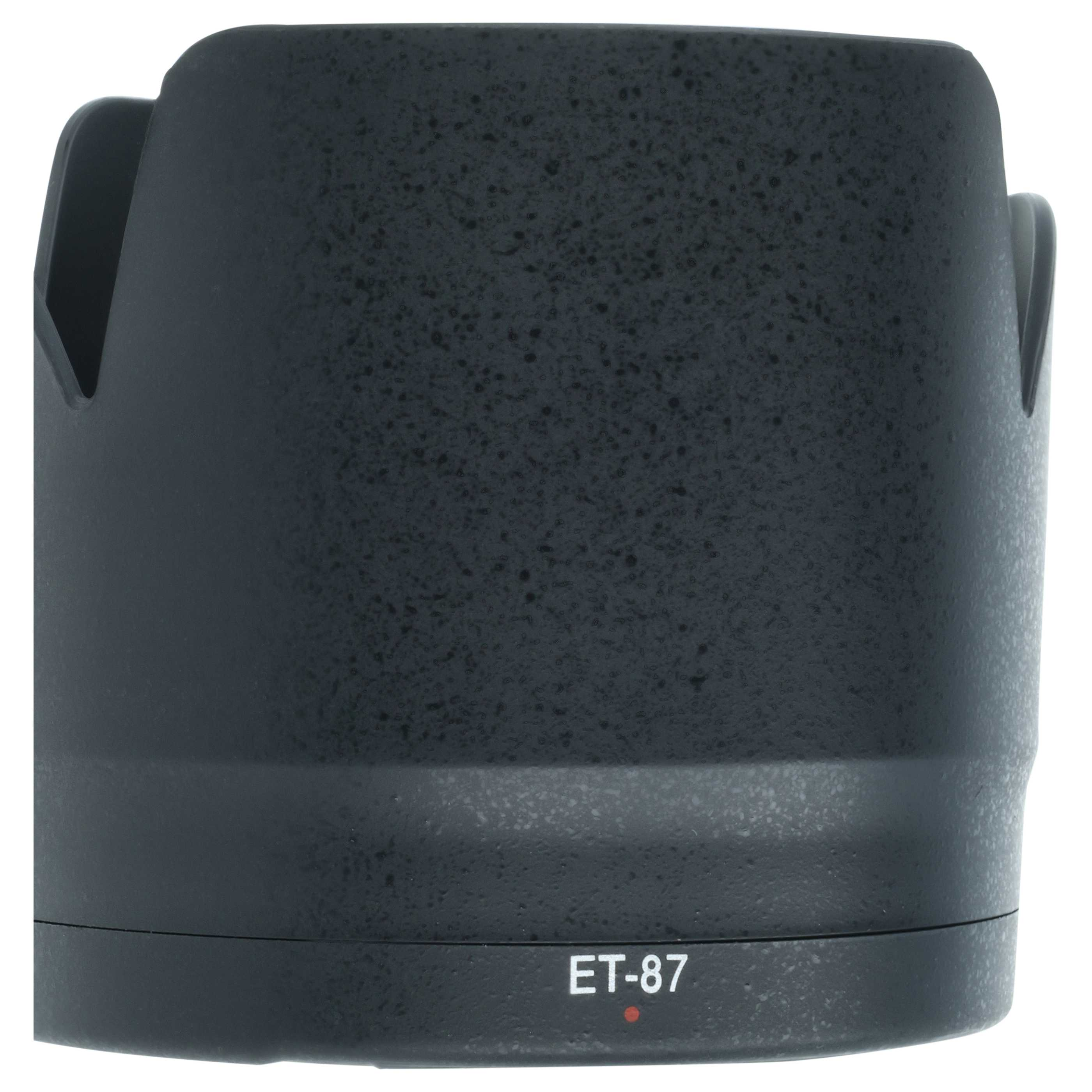 Ein schwarzer Kamera-Objektiv-Gegenlichtblende mit der Aufschrift "ET-87" und einem roten Punkt.