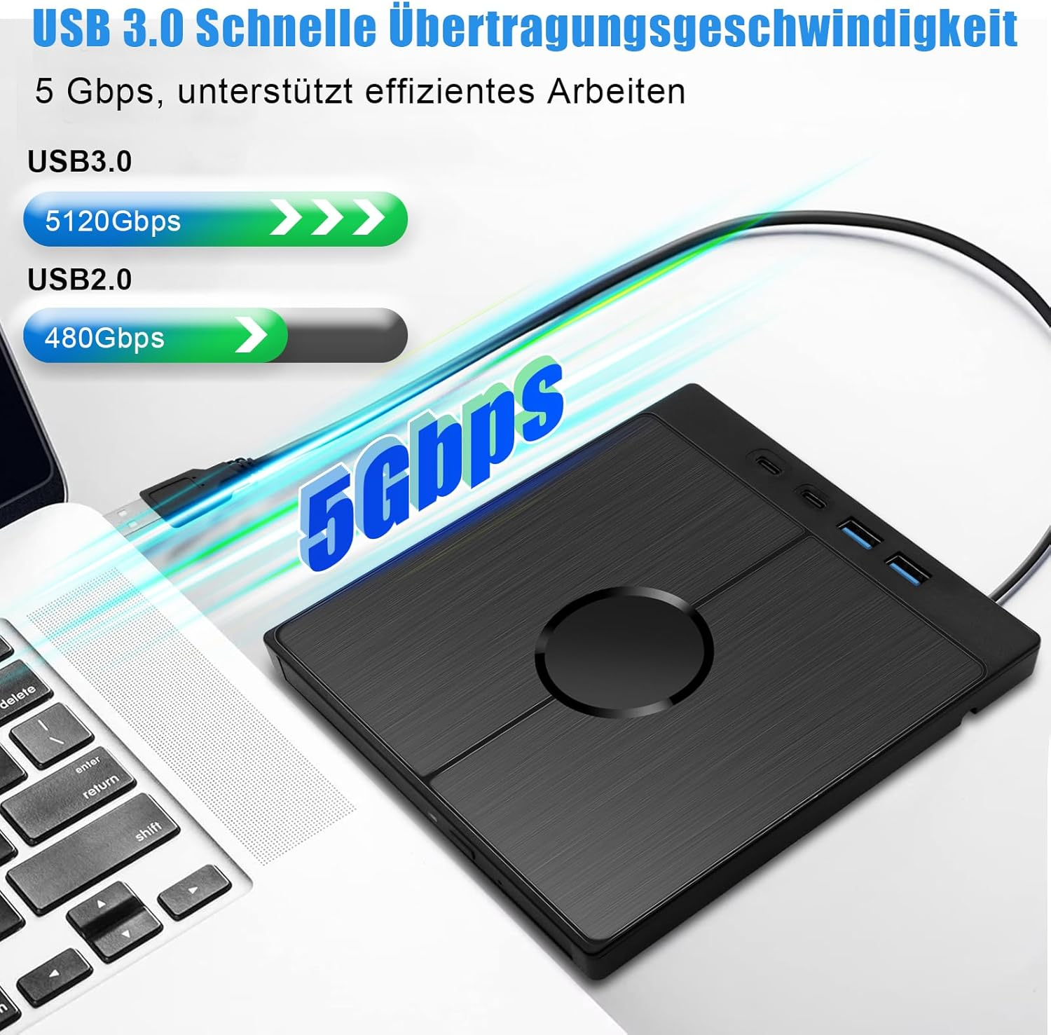 Laptop mit USB 3.0 Hub, zeigt 5Gbps Übertragungsrate an.