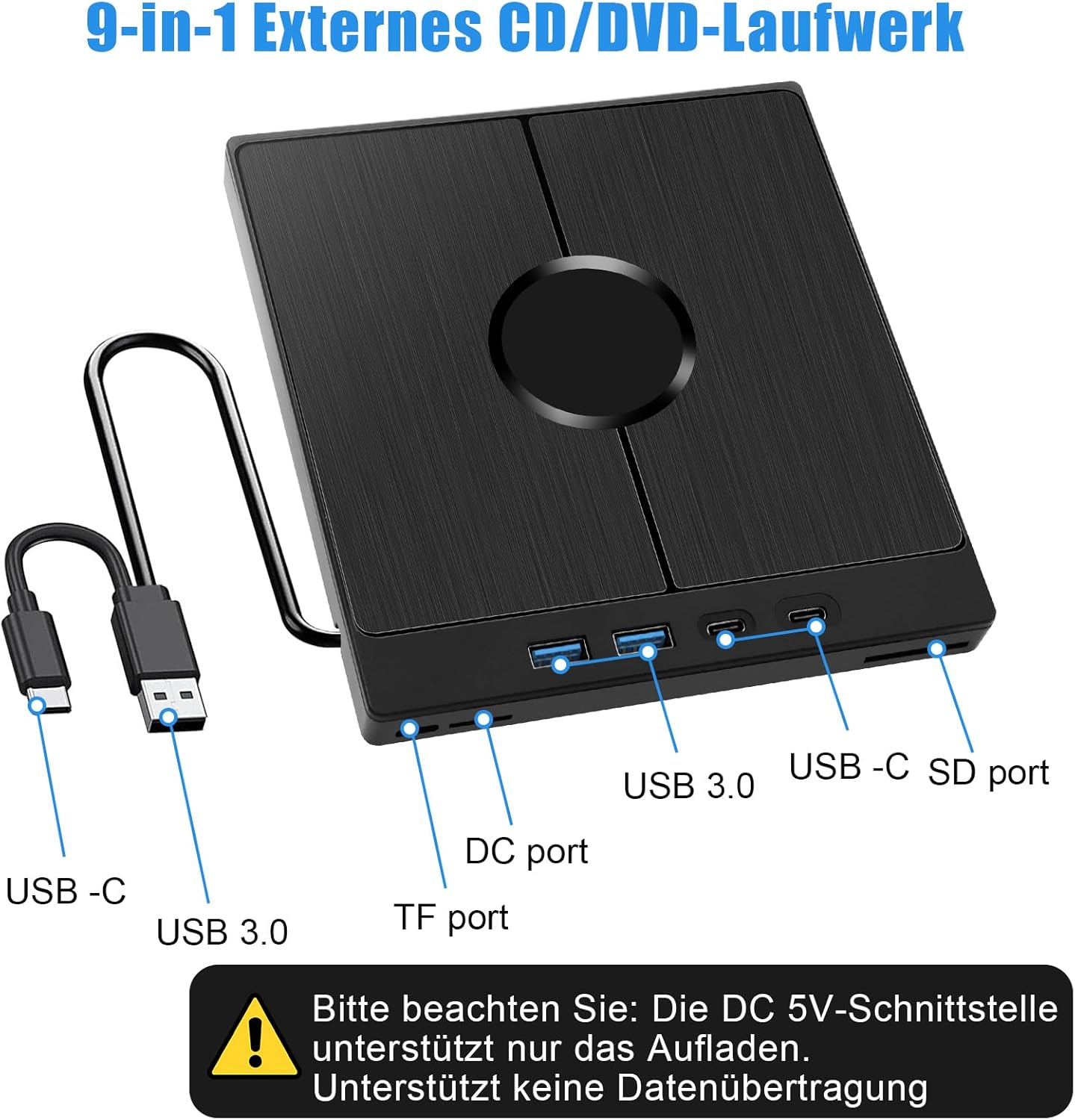 Schwarzer 9-in-1 externer CD/DVD-Port mit USB-C, USB 3.0, DC, TF und SD-Ports.