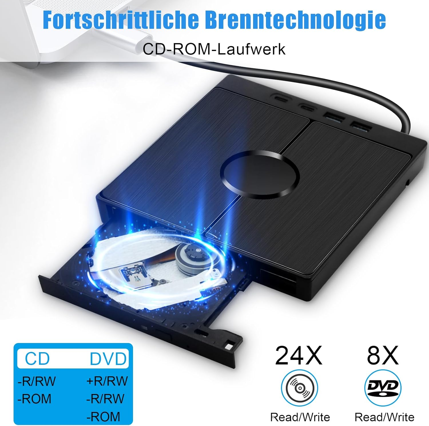 Externes CD/DVD-Laufwerk mit geöffnetem Einschub, zeigt die Technologie.