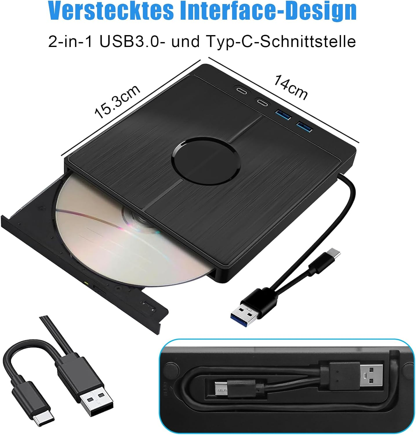 Schwarzer externer USB-CD/DVD-Brenner mit CD, Kabeln und Maßen.