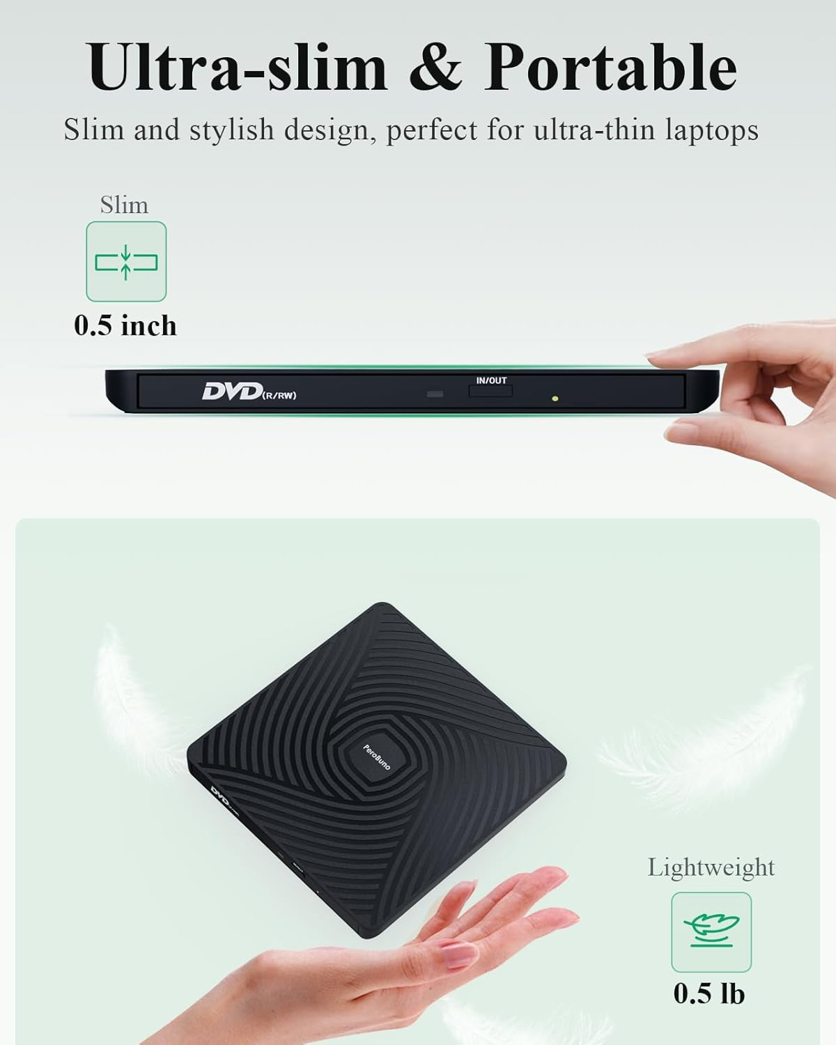Ultradünnes und tragbares DVD-Laufwerk, 0,5 Zoll dick und 0,5 lb schwer.