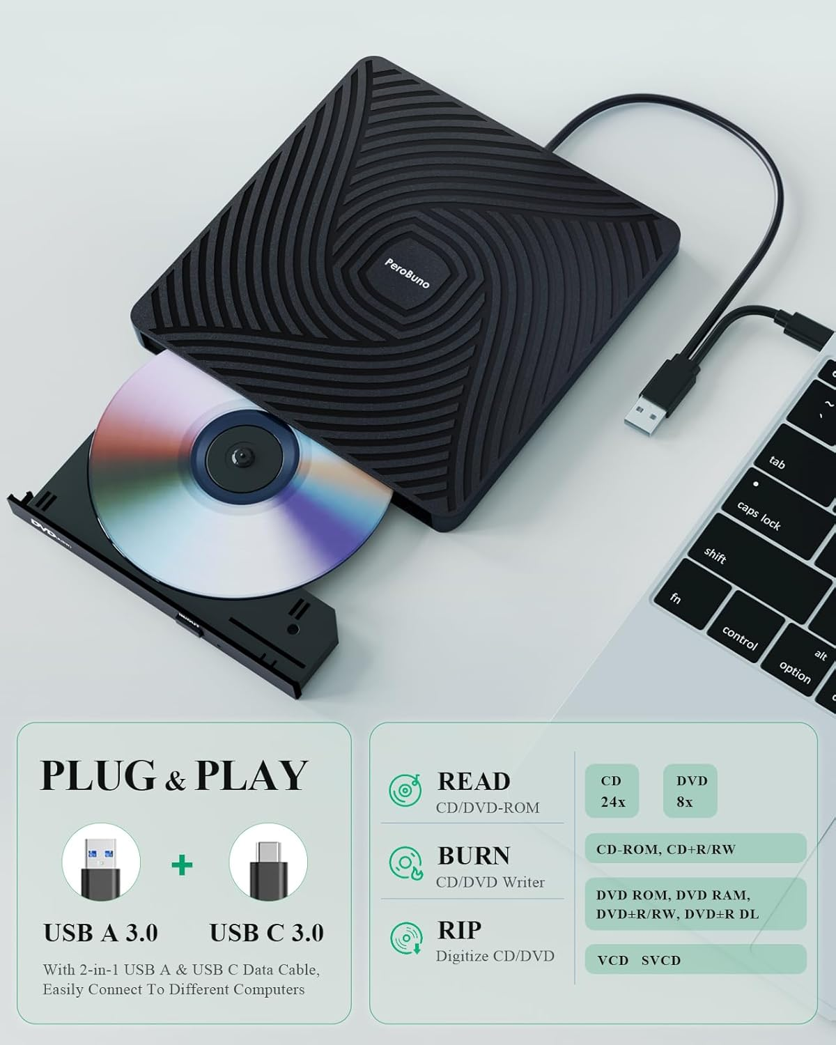 PeroBuno CD/DVD-Laufwerk mit Disc, USB A 3.0, USB C 3.0 und Tastatur.
