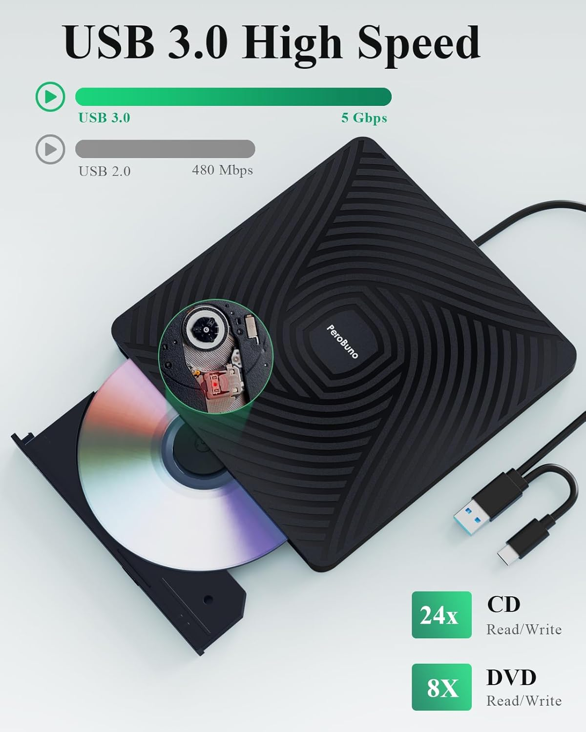 Schwarzer externer USB 3.0 CD/DVD-Brenner mit eingelegter CD und USB-Kabel.