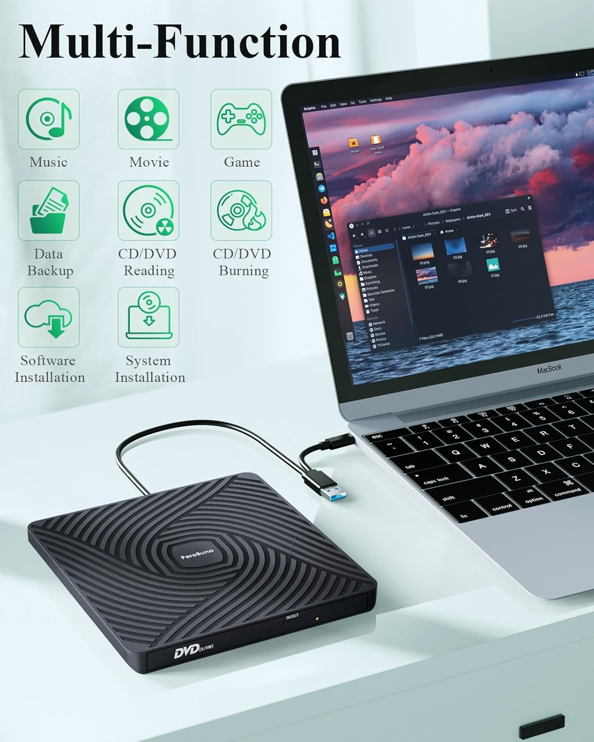 Ein externer DVD-Brenner ist über USB mit einem MacBook verbunden.