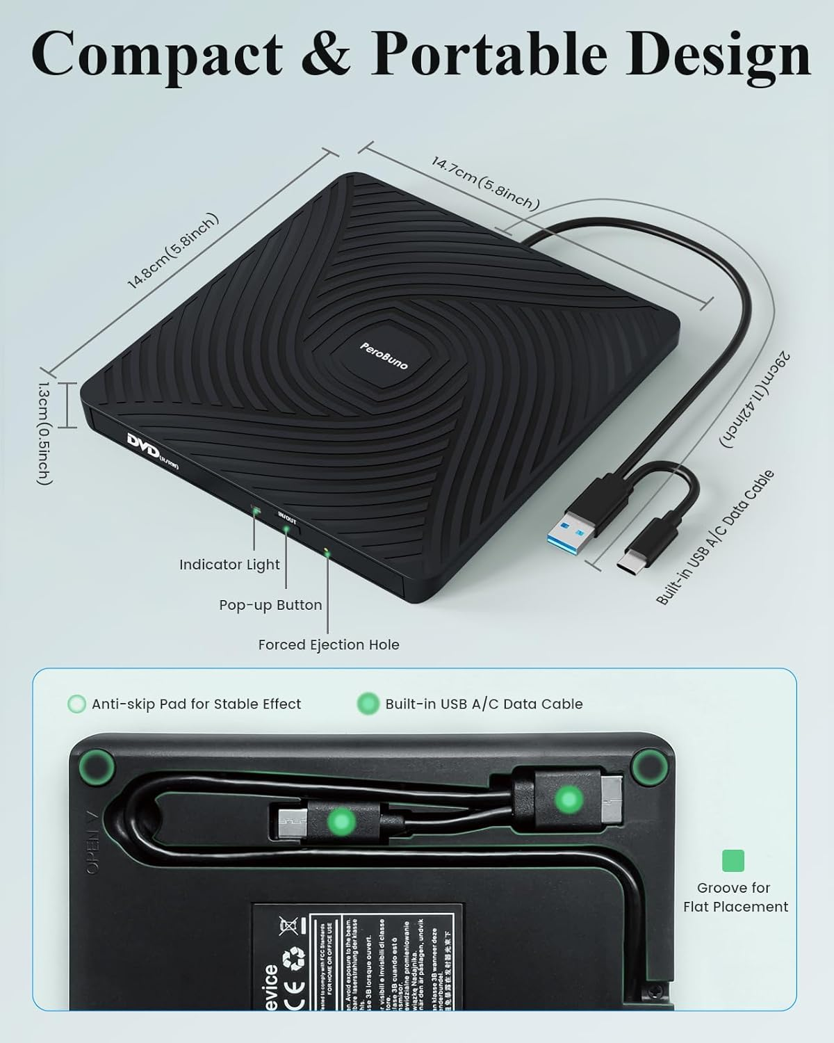 Schwarzes DVD-Laufwerk mit USB-Kabel, Maßen und Beschriftungen.
