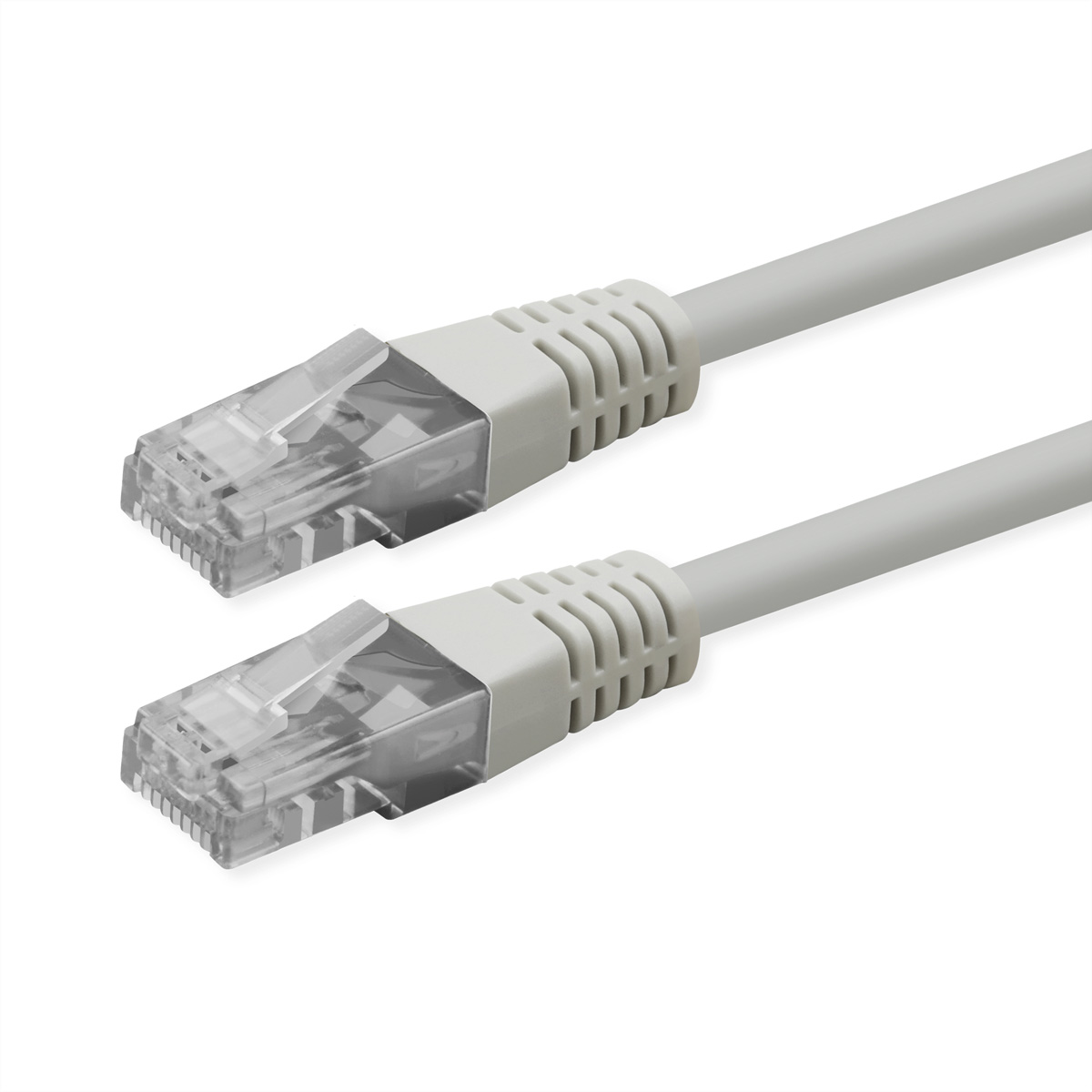 Zwei graue Netzwerkkabel mit transparenten Steckern liegen nebeneinander.