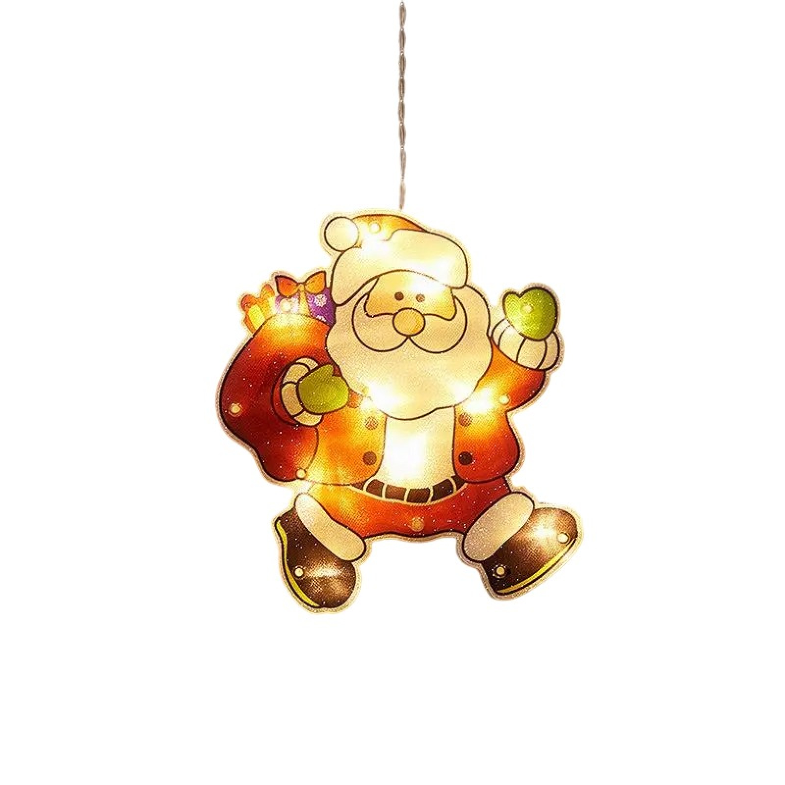 Beleuchteter Weihnachtsmann mit Geschenkbeutel, der an einer Schnur hängt.