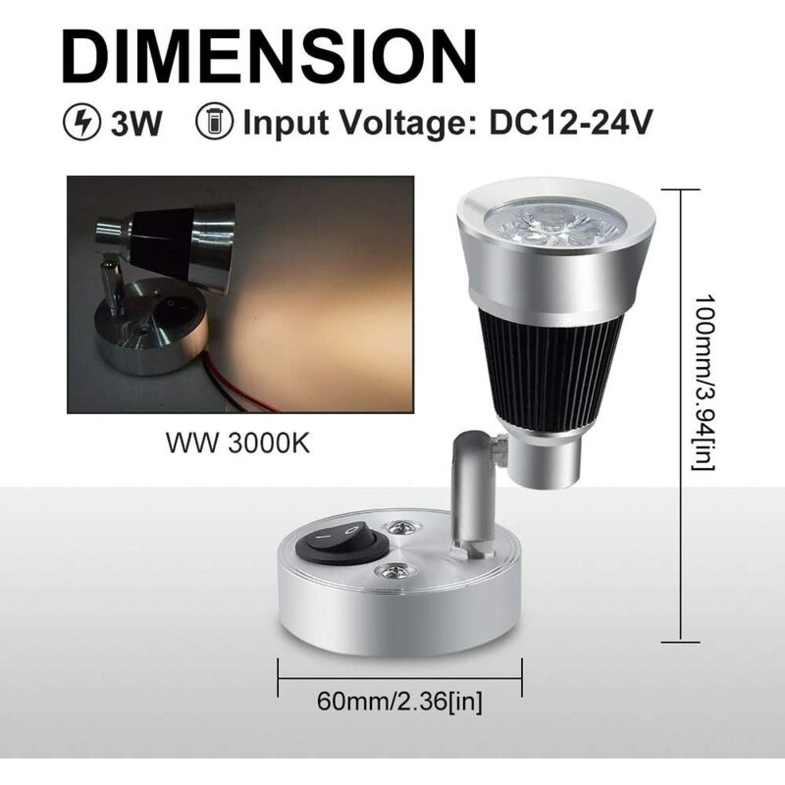 Ein silberner LED-Strahler mit schwarzem Rippenkühlkörper und Schalter. Maße 60x100mm.