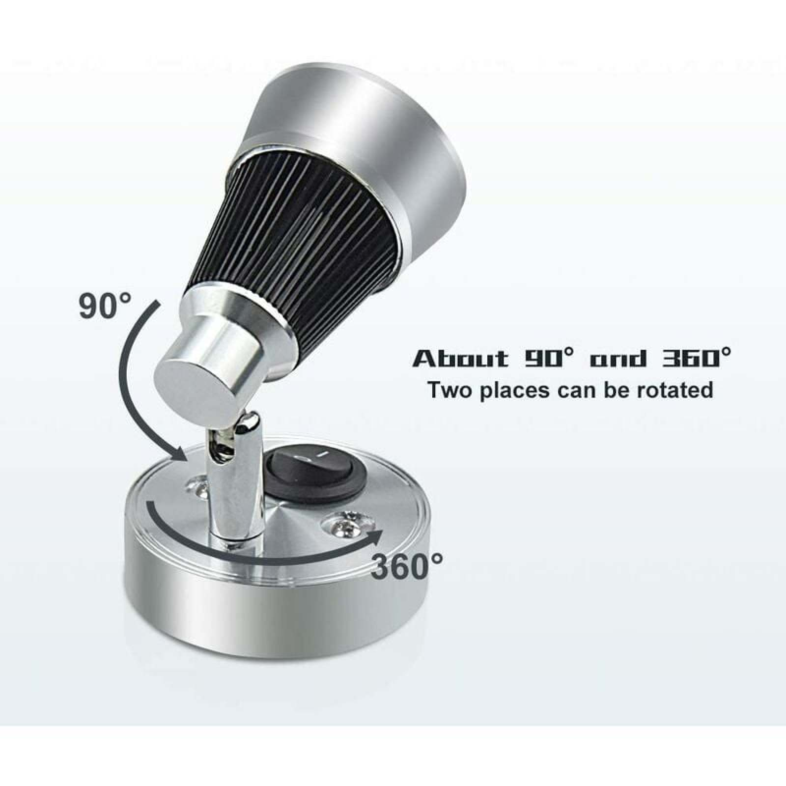 Silberne Lampe mit schwenkbarem Arm, 90° und 360° Drehung.