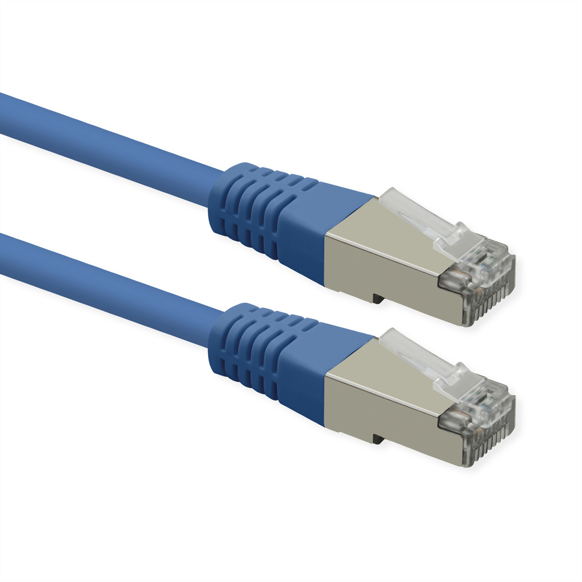 Zwei blaue Ethernet-Kabel mit silbernen Steckern und klaren Plastikclips.