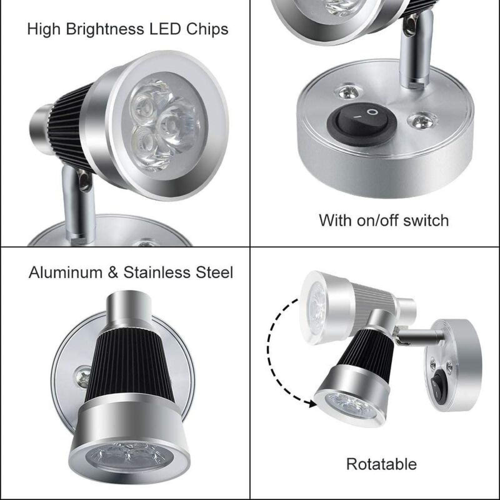 Silberne LED-Leuchte mit drei Lichtern, Schalter und drehbarem Arm.
