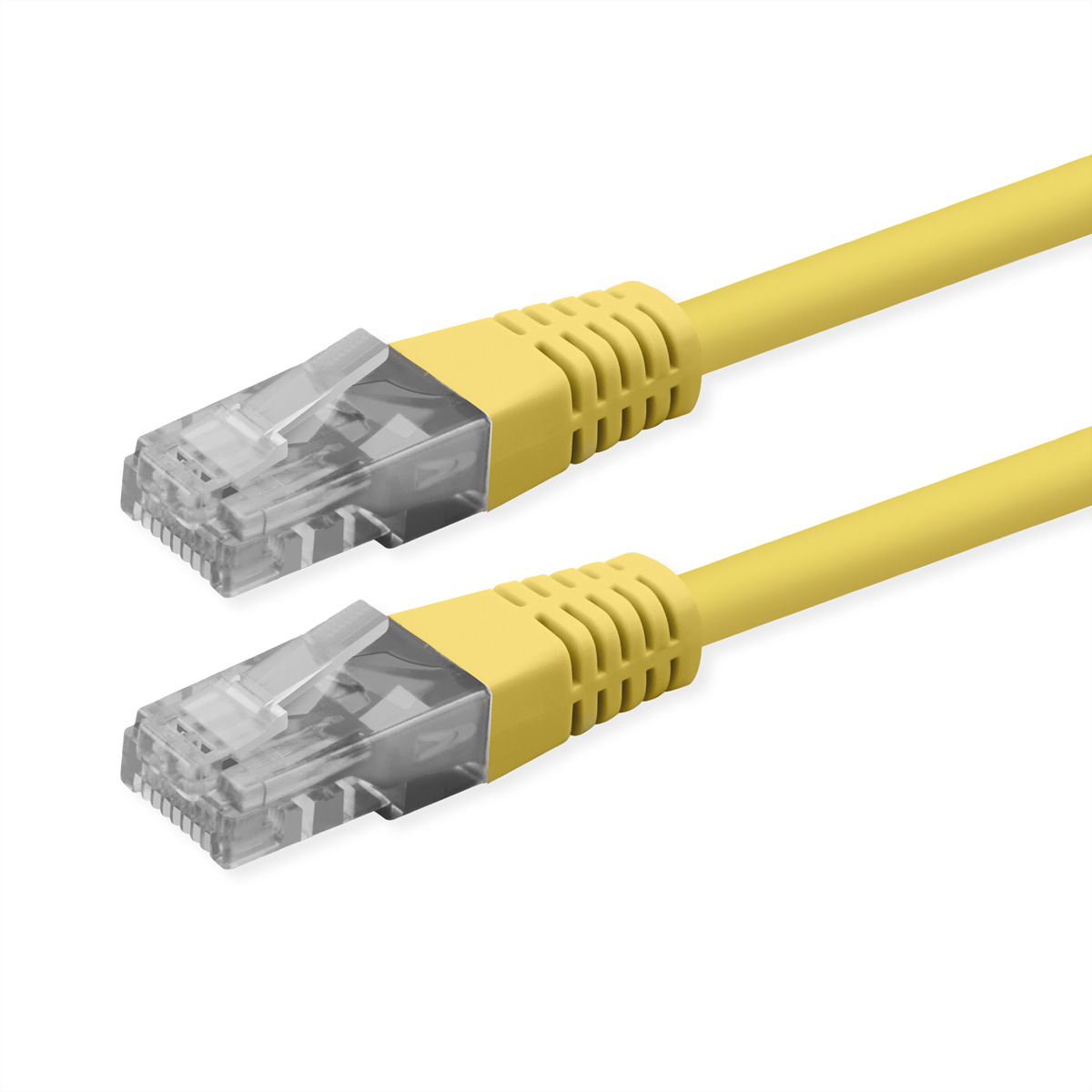 Zwei gelbe Ethernet-Kabel mit transparenten Steckern auf weißem Hintergrund.