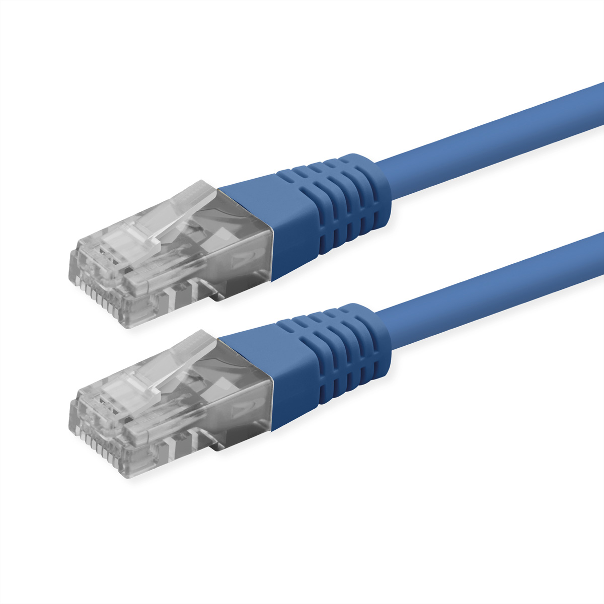 Zwei blaue Ethernet-Kabel mit klaren RJ45-Steckern sind auf weißem Hintergrund zu sehen.