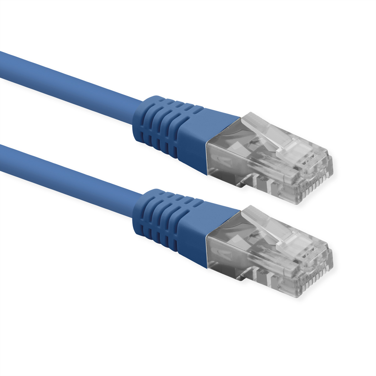 Zwei blaue Netzwerkkabel mit transparenten Steckern, isoliert auf weißem Hintergrund.