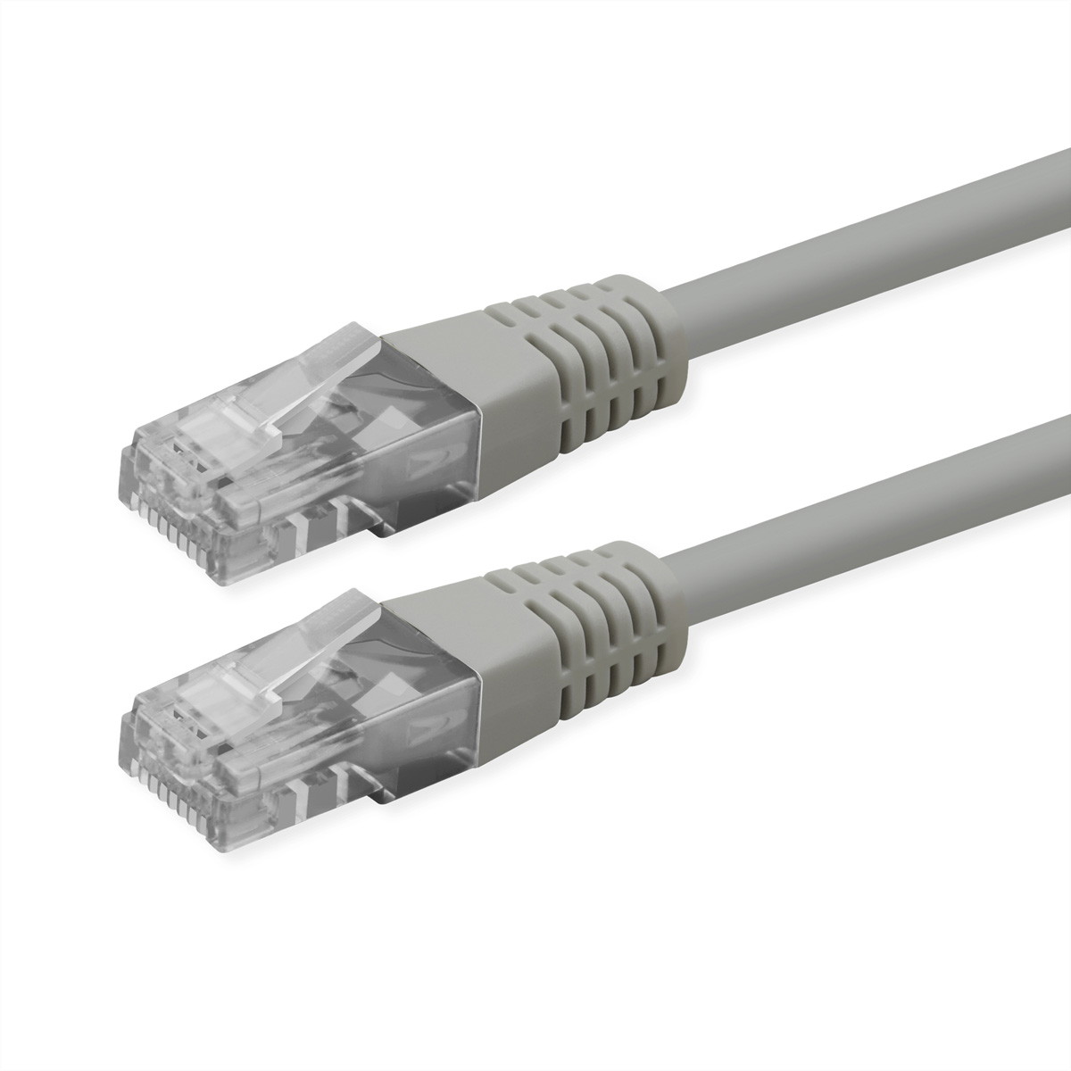 Zwei graue Ethernet-Kabel mit transparenten Steckern liegen nebeneinander.