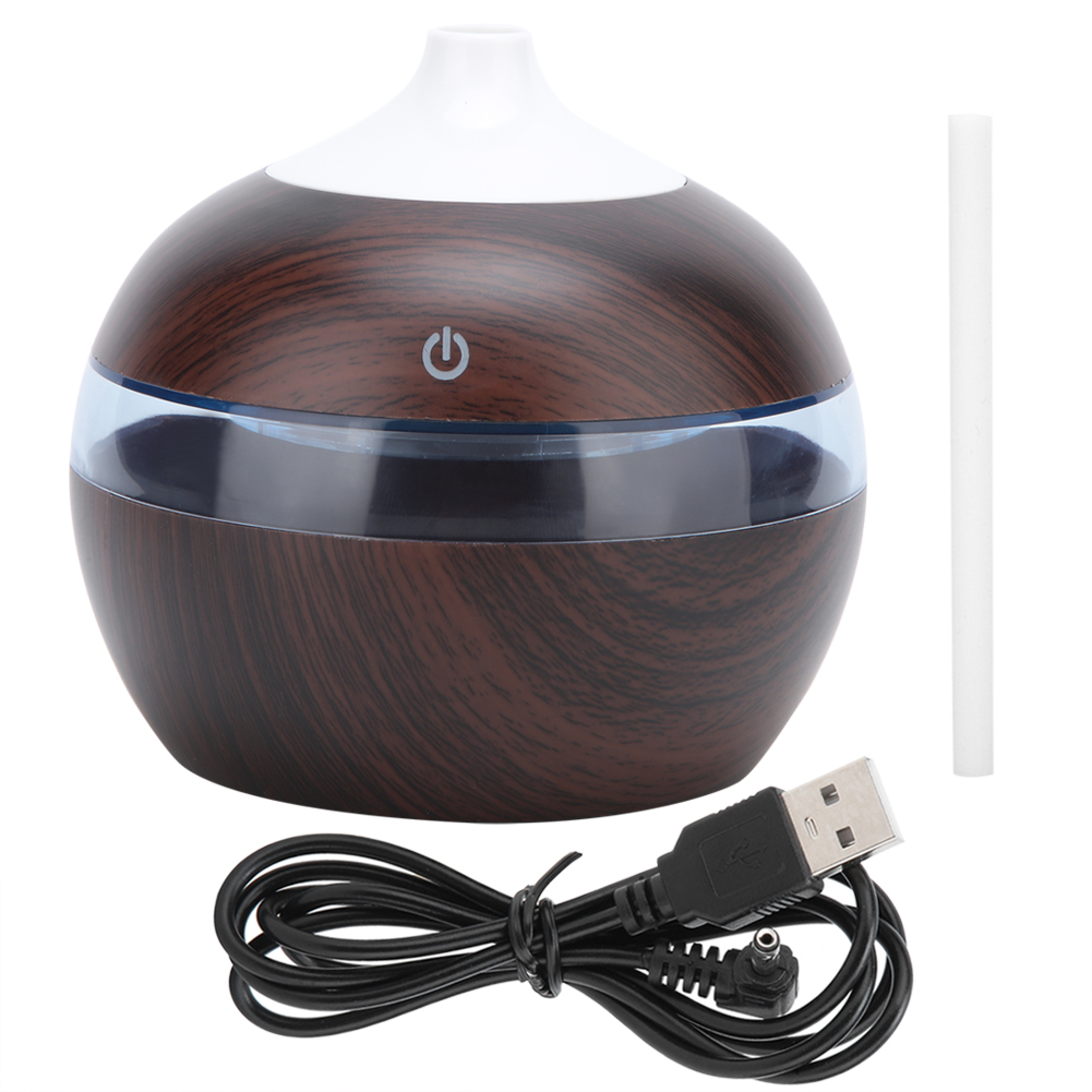 Ein holzmaserfarbener Diffusor mit blauem Lichtring, USB-Kabel und weißem Docht.