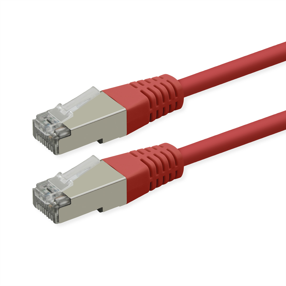 Zwei rote Netzwerkkabel mit silbernen Steckern auf weißem Hintergrund.