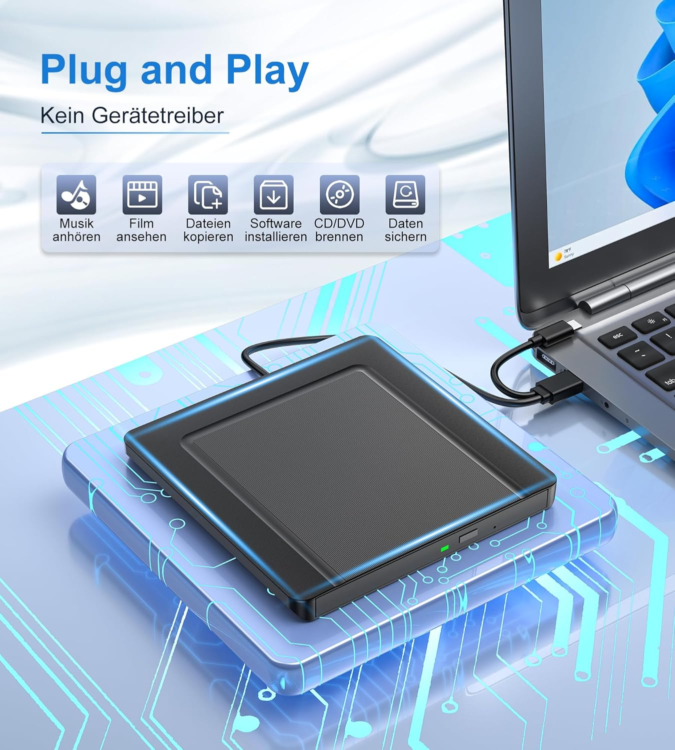 Externes CD/DVD-Laufwerk ist an einen Laptop angeschlossen, mit Symbolen für Musik, Film, Dateien, Software und Brennen.