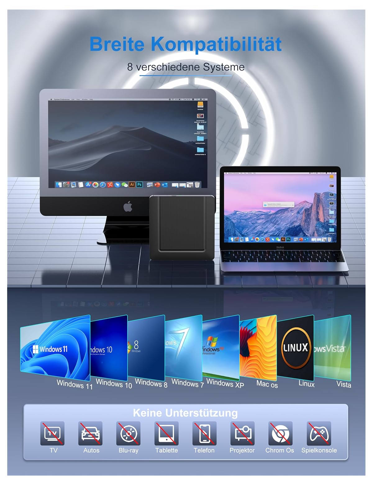Ein iMac und ein MacBook mit verschiedenen Betriebssystemen und Icons.