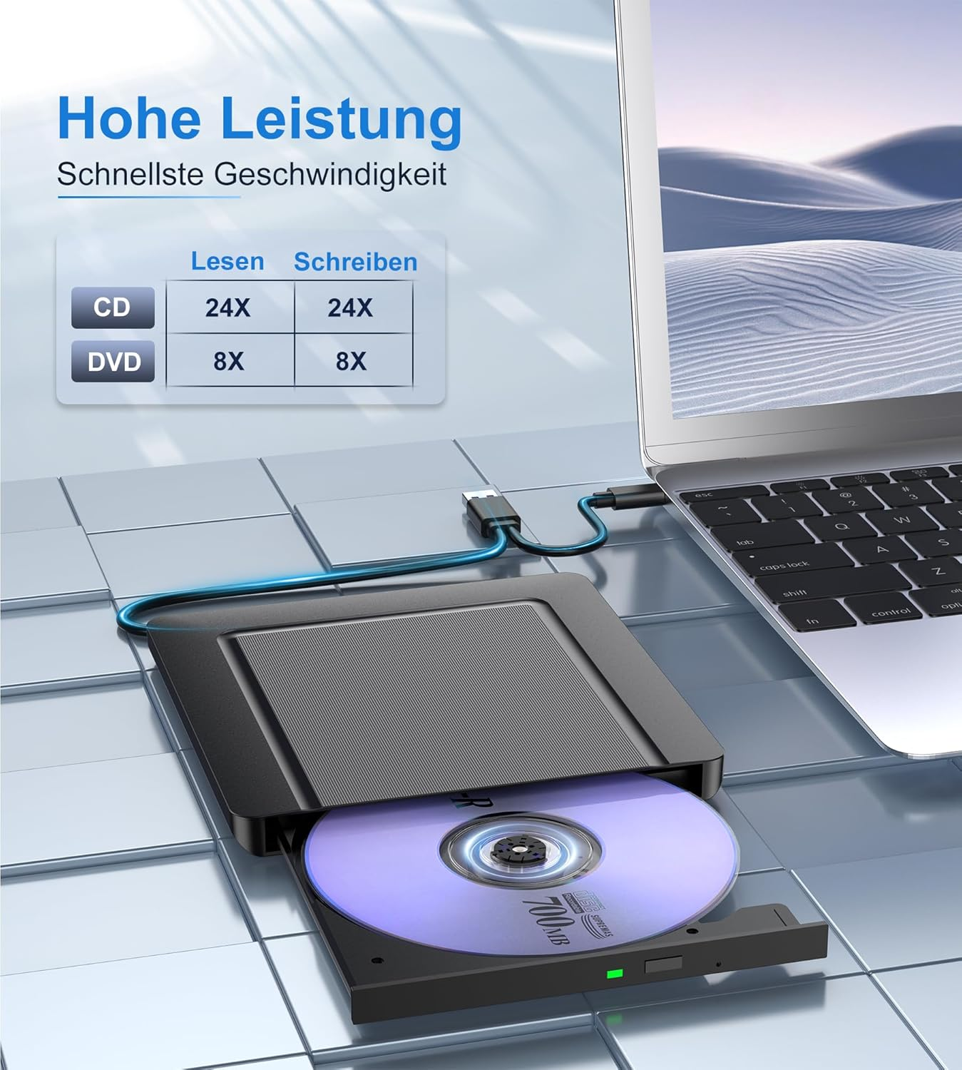 Externes CD/DVD-Laufwerk mit Laptop, zeigt Lese-/Schreibgeschwindigkeiten.