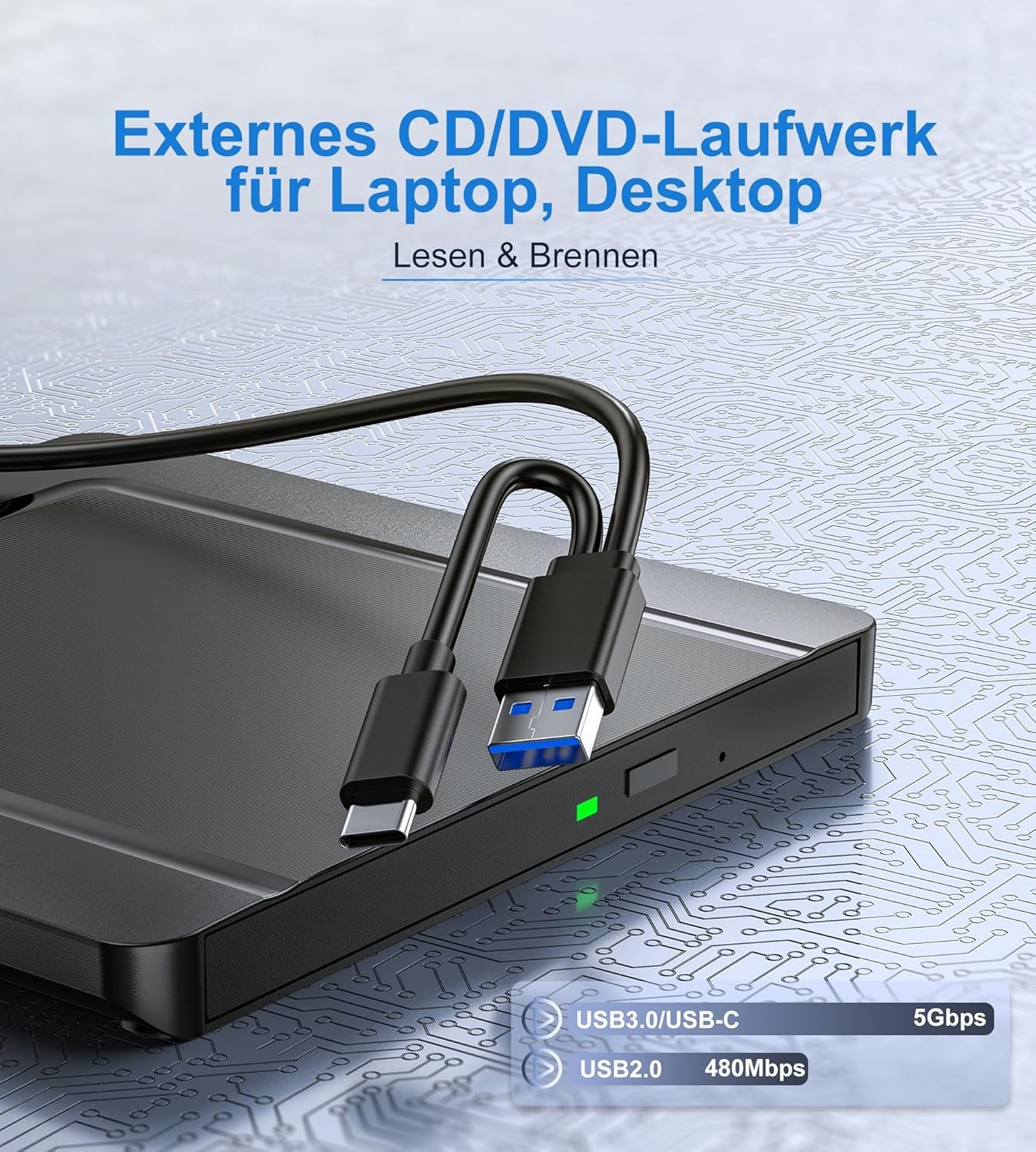 Externes CD/DVD-Laufwerk mit USB-C und USB 2.0 Anschlüssen.