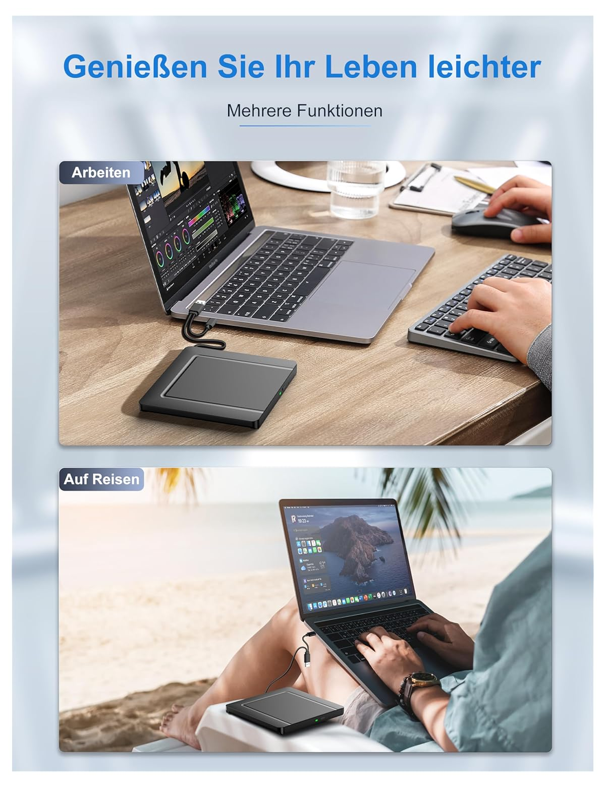 Laptop, Tastatur und Maus auf einem Schreibtisch. Unten: Laptop am Strand.