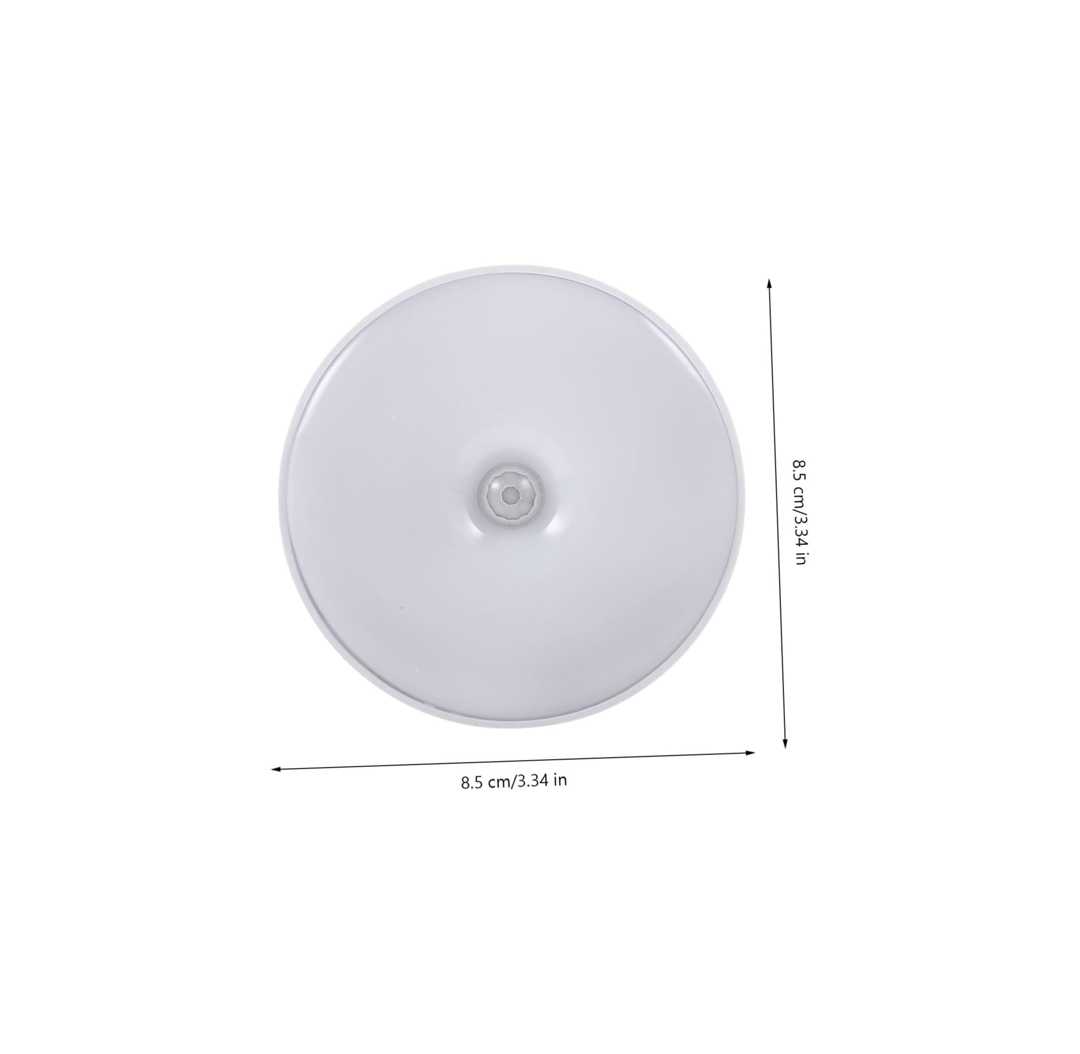 Runde weiße Lampe mit Bewegungssensor in der Mitte. Maße 8,5 cm.