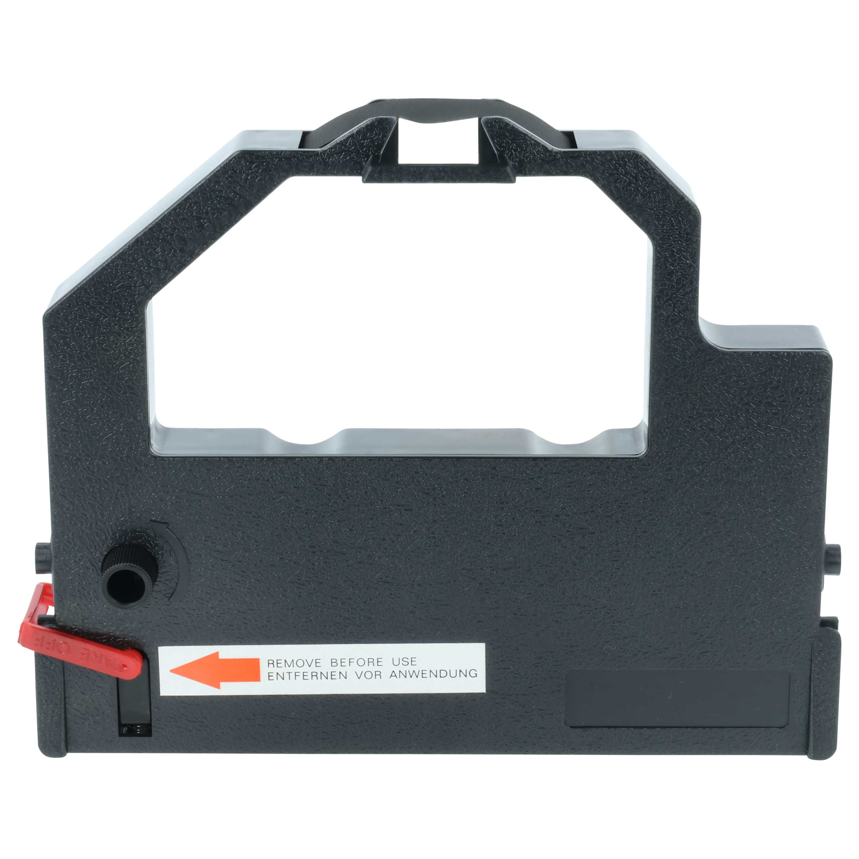 Schwarzes Druckband mit rotem Hebel und orangefarbenem Pfeil-Aufkleber.