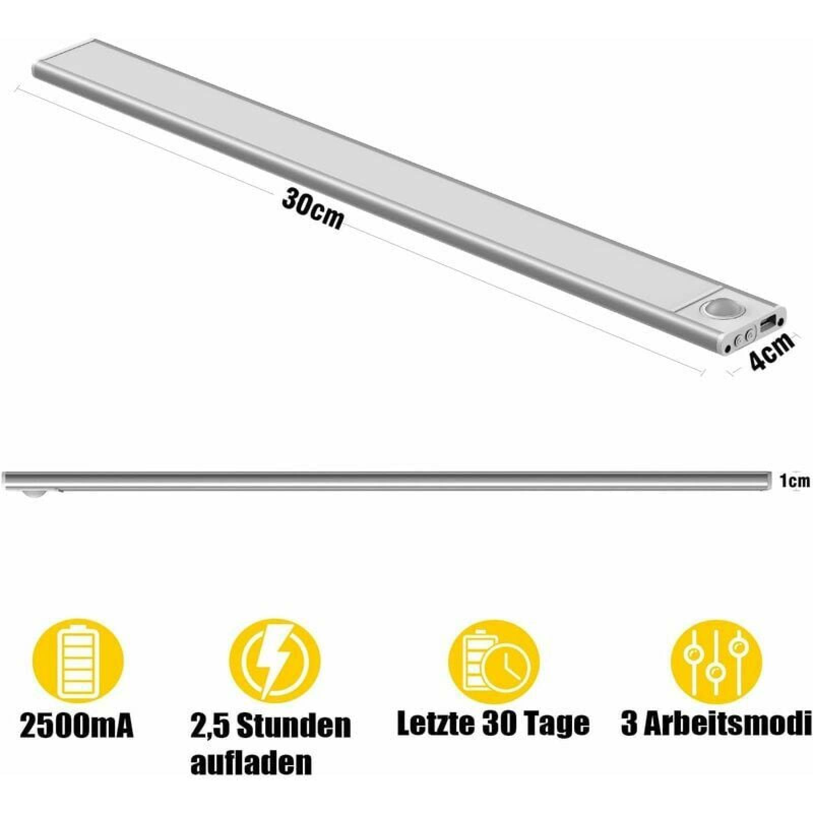 Ein schlankes, silbernes Lichtband mit Maßen von 30x4x1cm, sowie Lade- und Funktionsanzeigen.