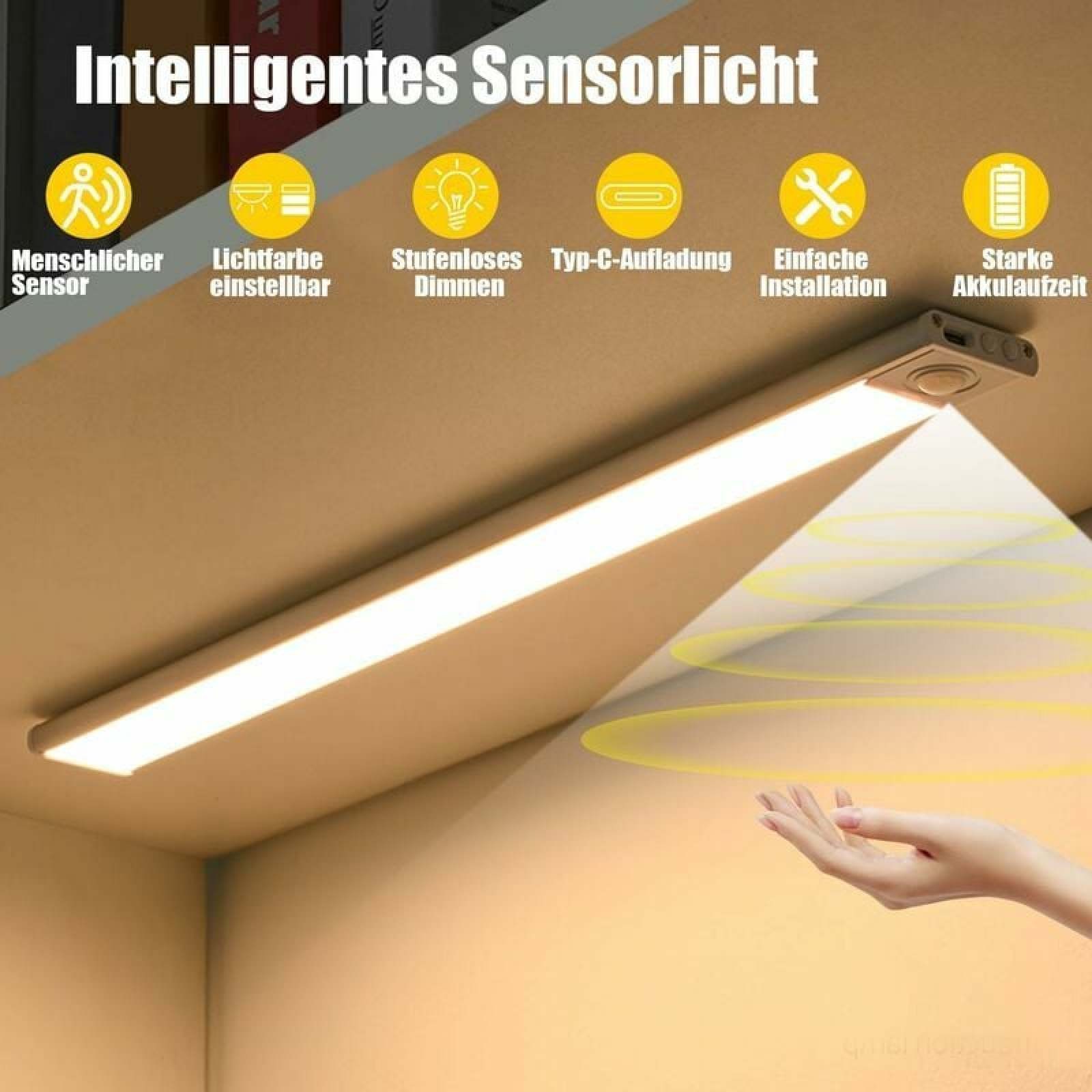 Intelligentes Sensorlicht mit Icons für Mensch, Lichtfarbe, Dimmen, Aufladen, Installation, Akku.