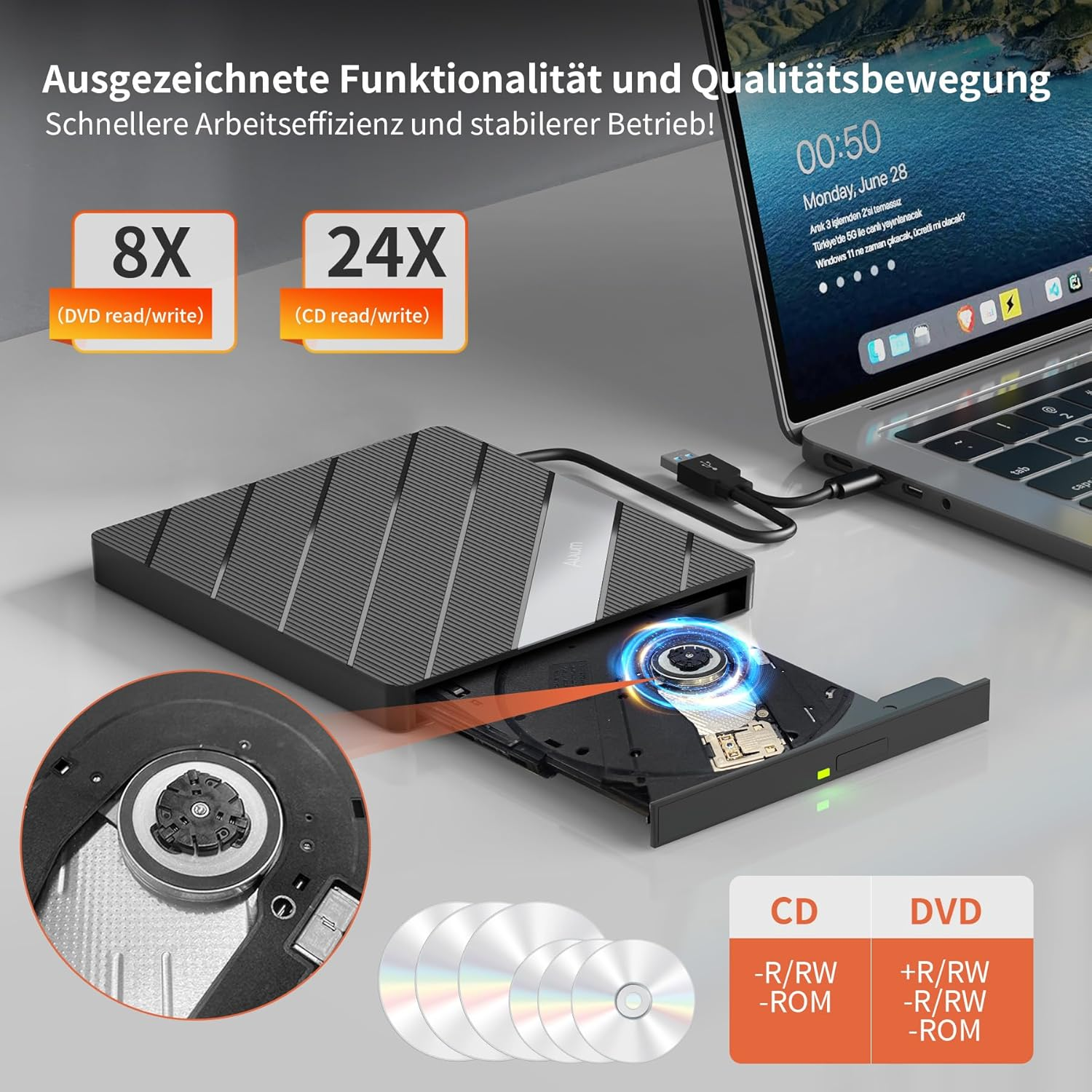 Externes Laufwerk mit Laptop verbunden, zeigt 8X DVD und 24X CD-Geschwindigkeiten.